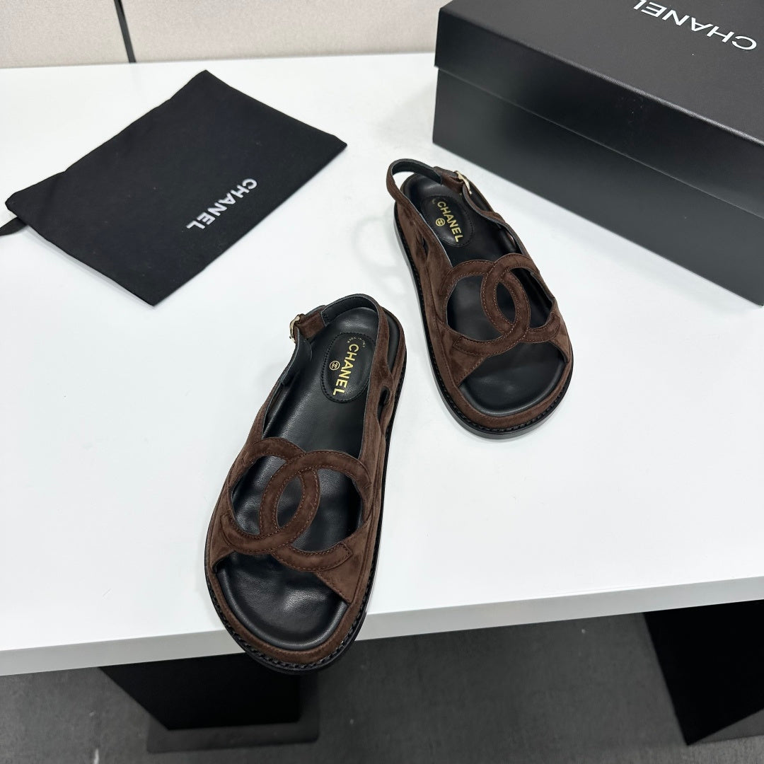 Chanel 26s Flat Sandals In Dark Brown Suede