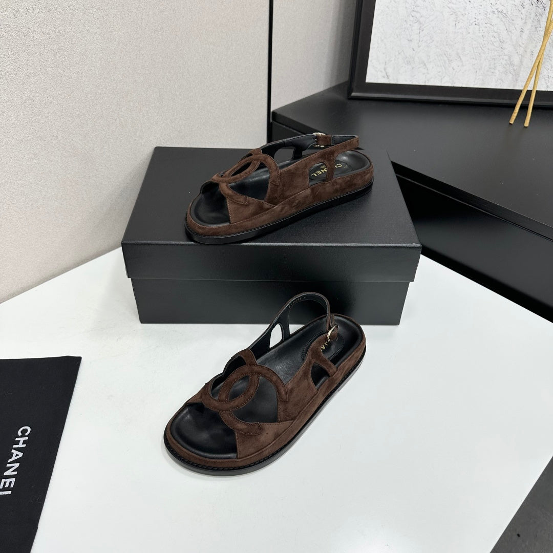 Chanel 26s Flat Sandals In Dark Brown Suede