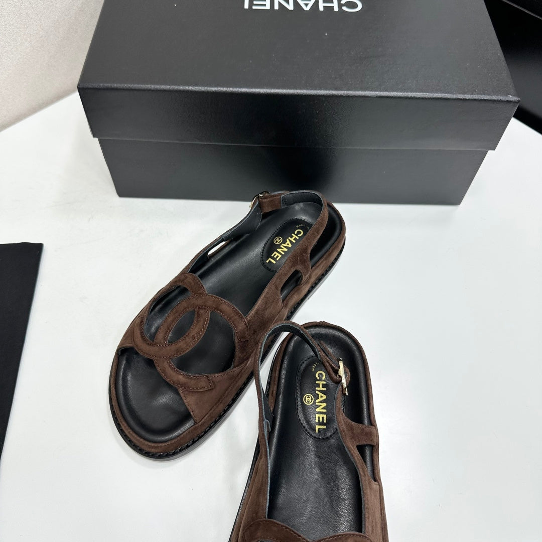 Chanel 26s Flat Sandals In Dark Brown Suede