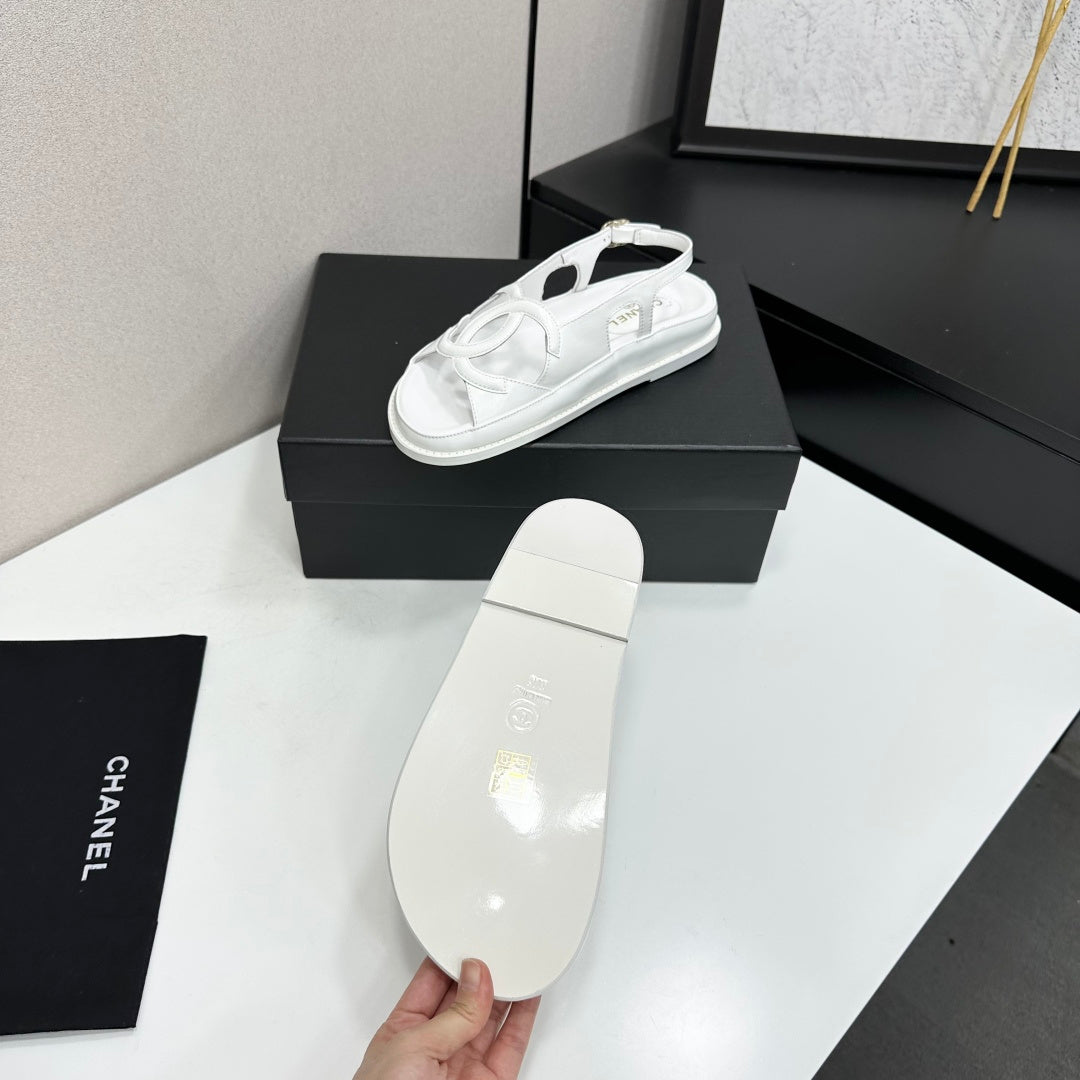 Chanel 26s Flat Sandals In White Lambskin