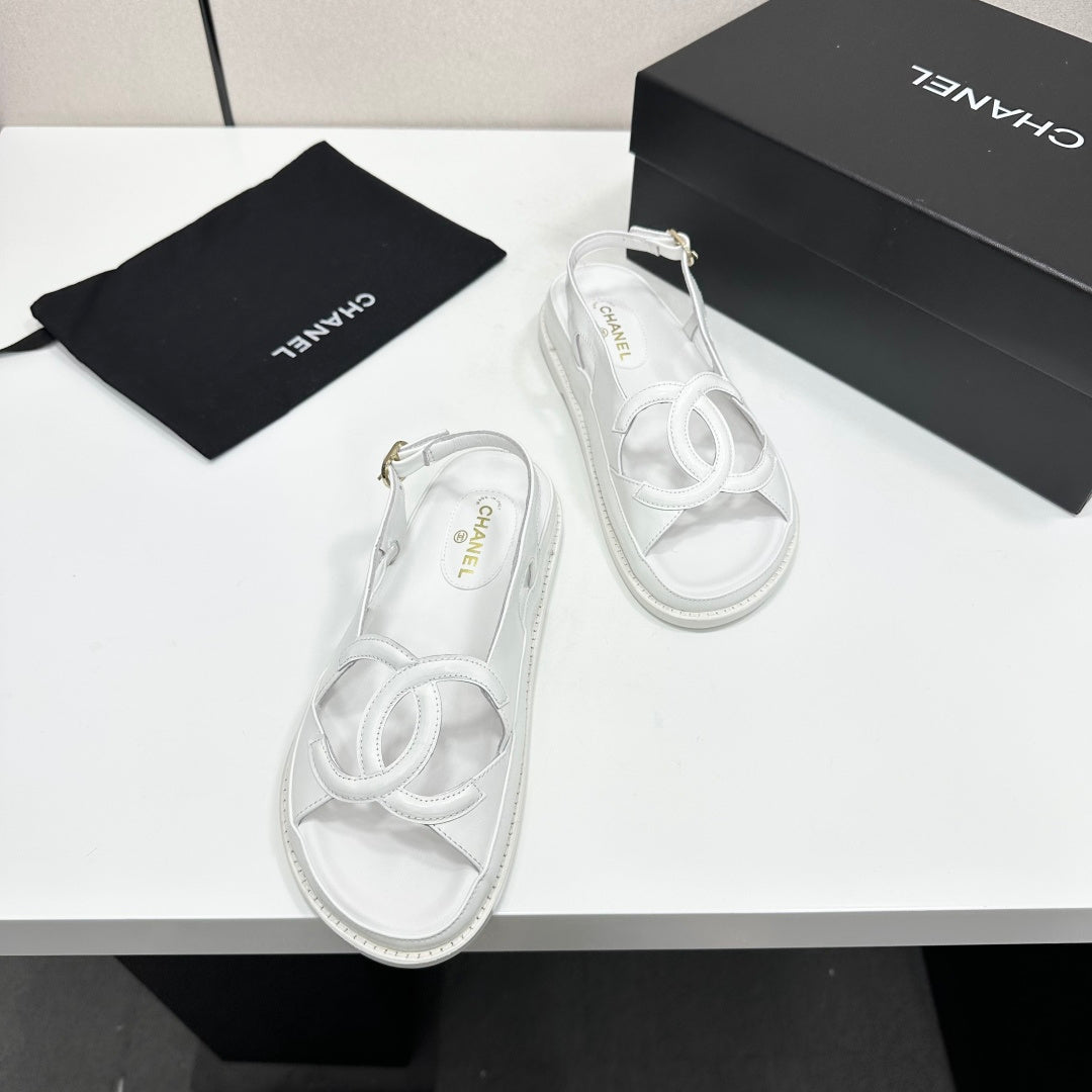Chanel 26s Flat Sandals In White Lambskin