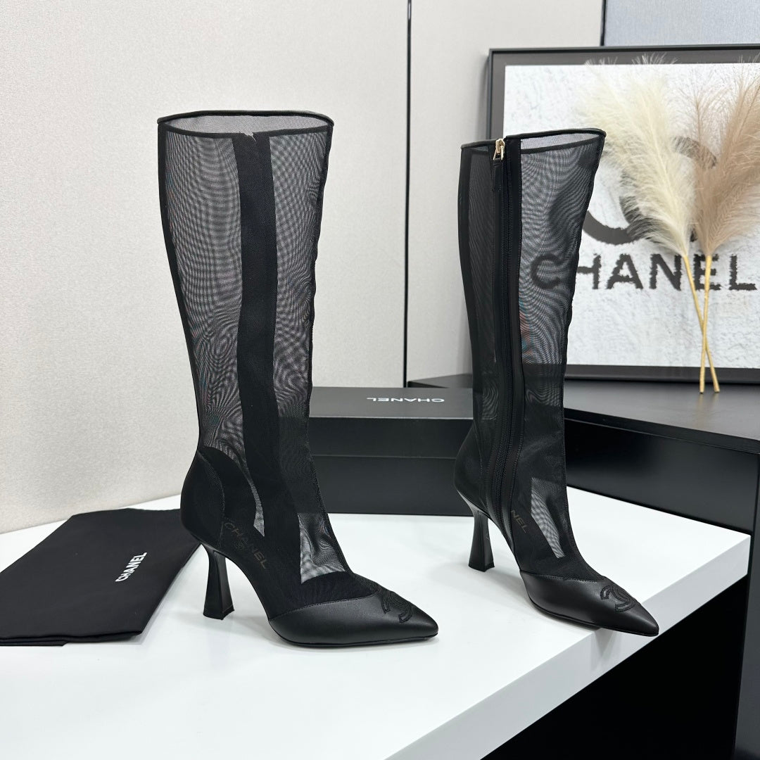 CC 26s Mesh Knee High Boots Black Leather 109224