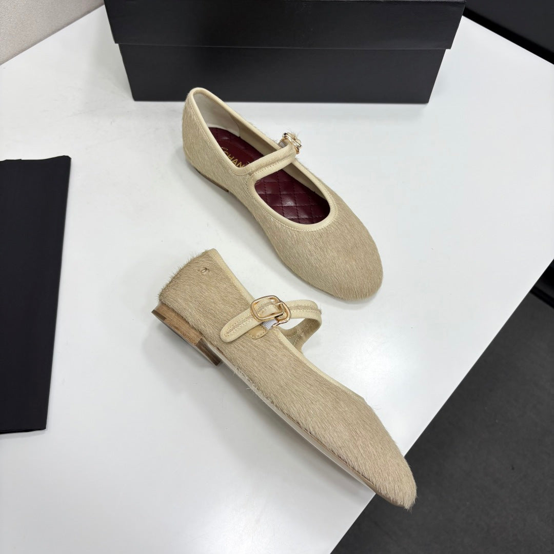 CC 2026 Mary Jane Ballet Flats Beige Logo Pony Hair 193782