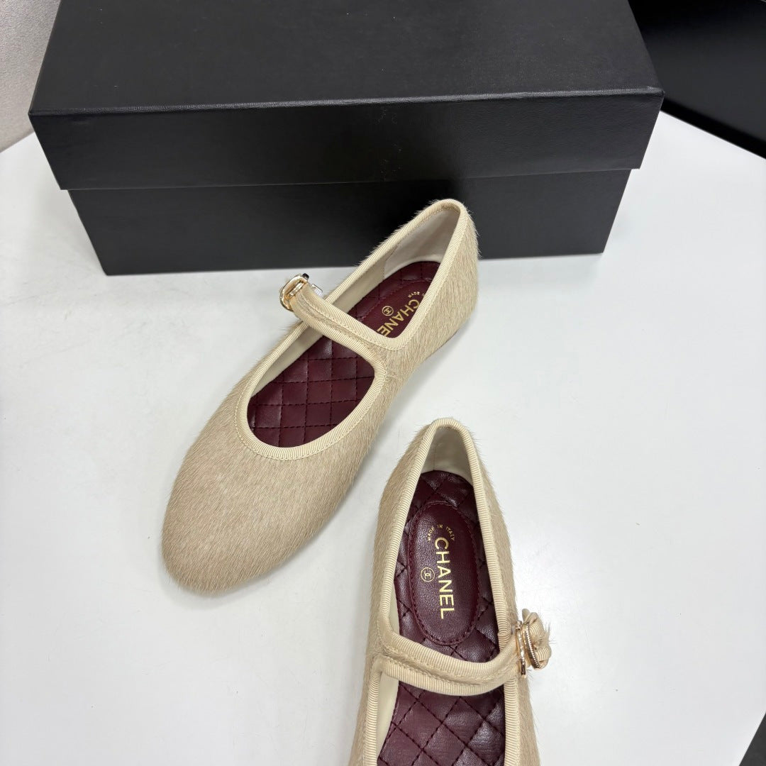 CC 2026 Mary Jane Ballet Flats Beige Logo Pony Hair 193782