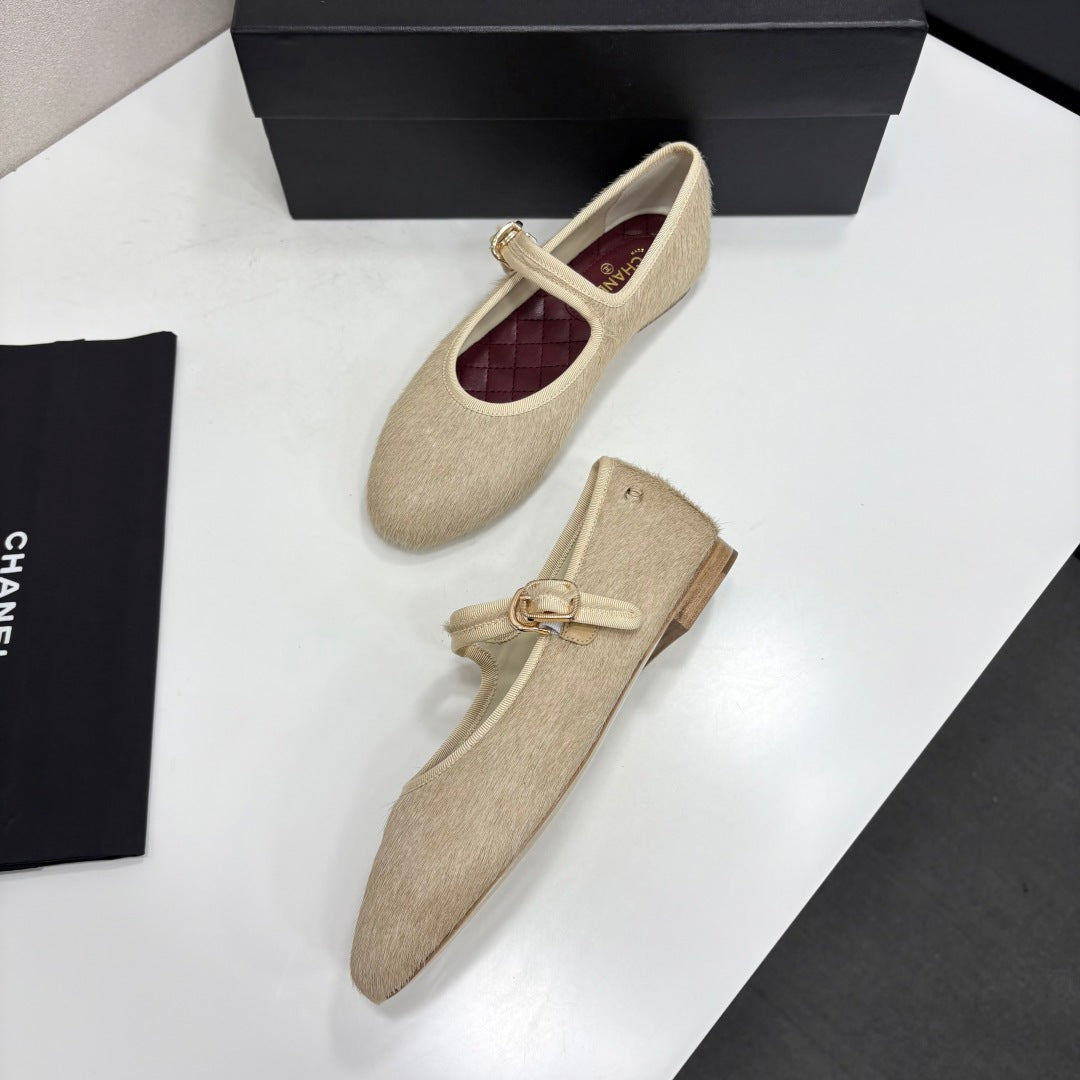 CC 2026 Mary Jane Ballet Flats Beige Logo Pony Hair 193782