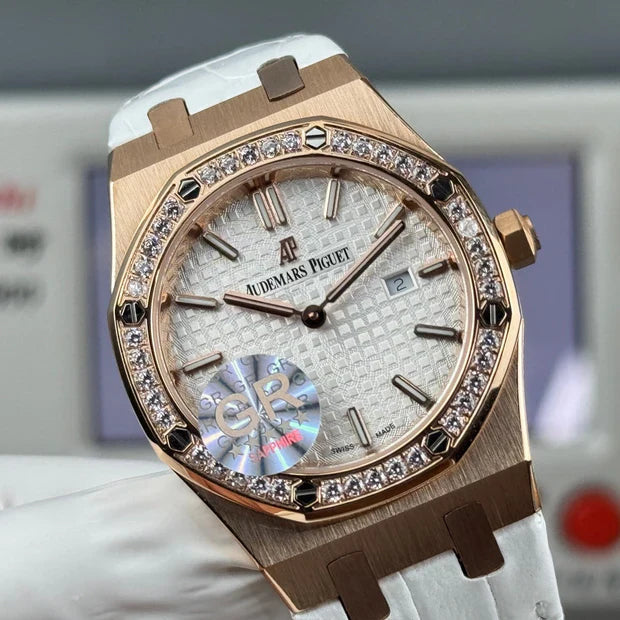 Audemars Piguet Royal 33mm Sliver Dial Diamond Bezel Crocodile Leather