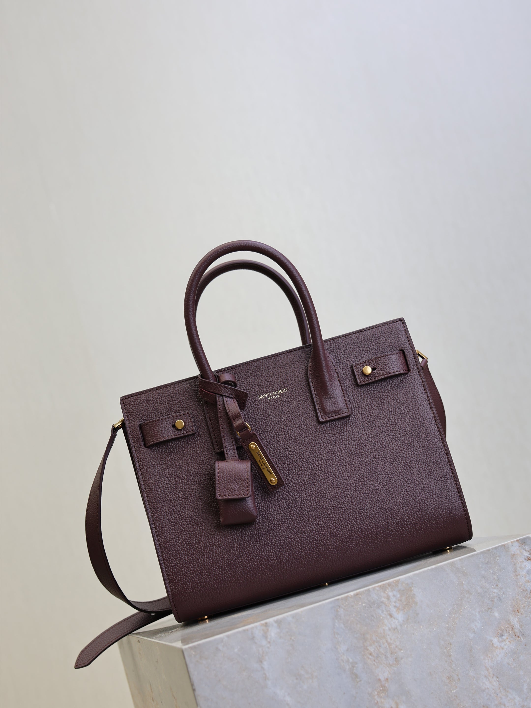YSL Sac De Jour Nano 26cm Dark Burgundy Grain Cowhide GHW