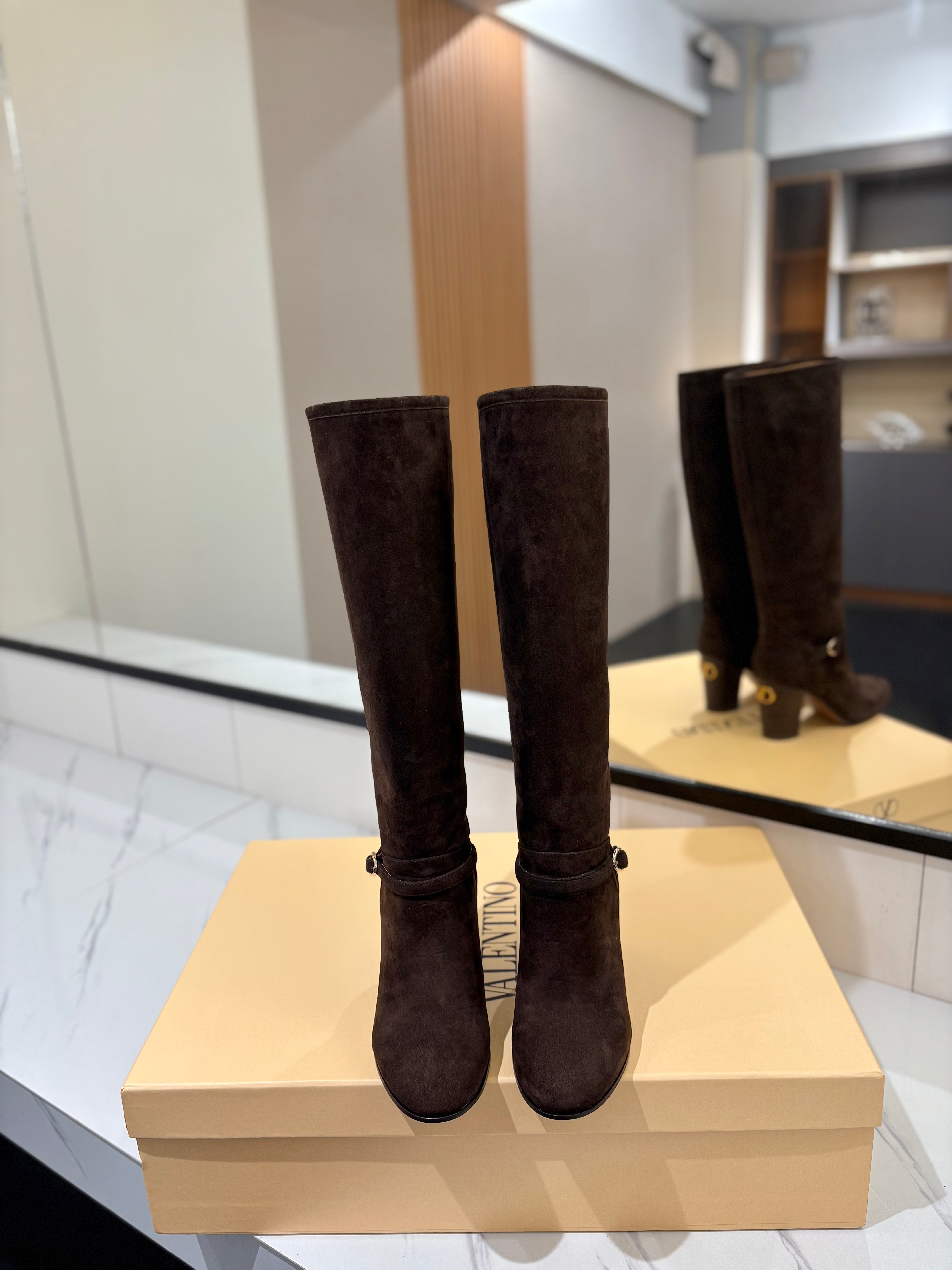 Valentino 2025 Pattie High Boot 70mm Dark Brown Suede 560739