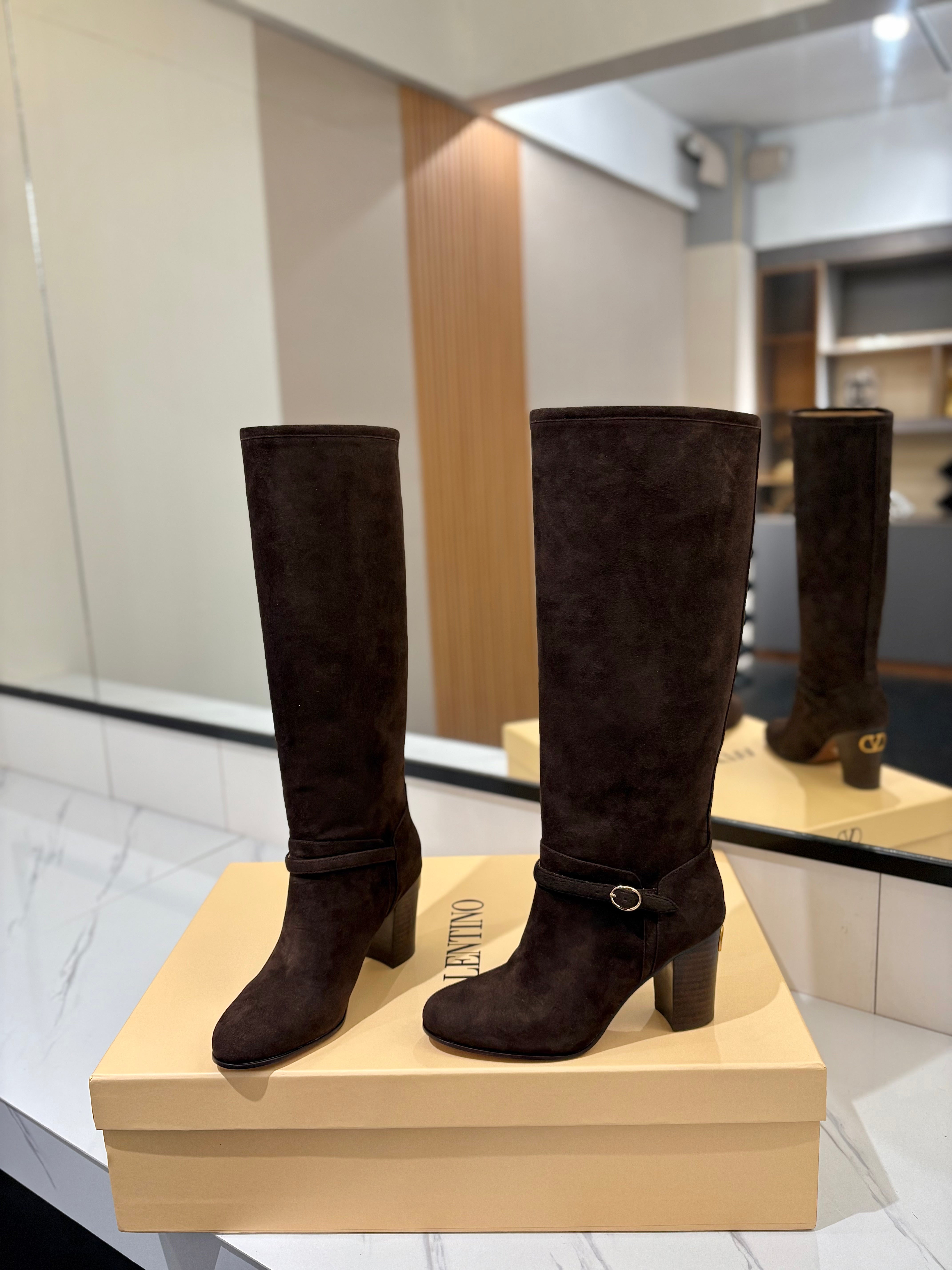 Valentino 2025 Pattie High Boot 70mm Dark Brown Suede 560739
