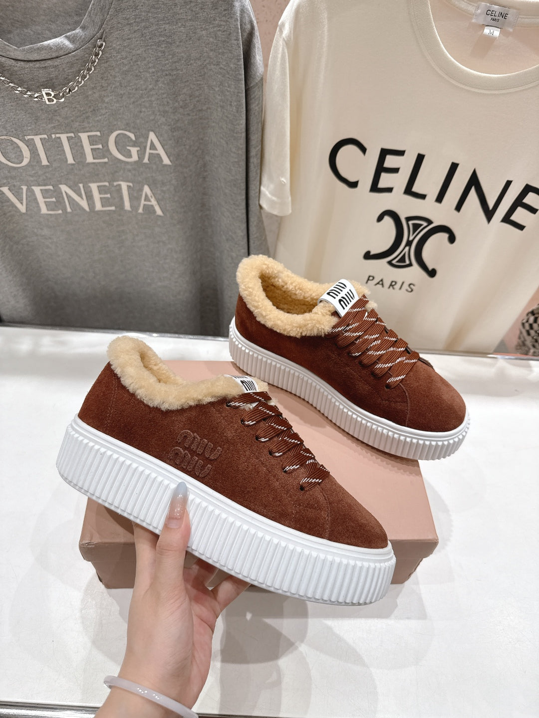 MiuMiu 25 Sneaker Brown Beige Suede Fur 535589