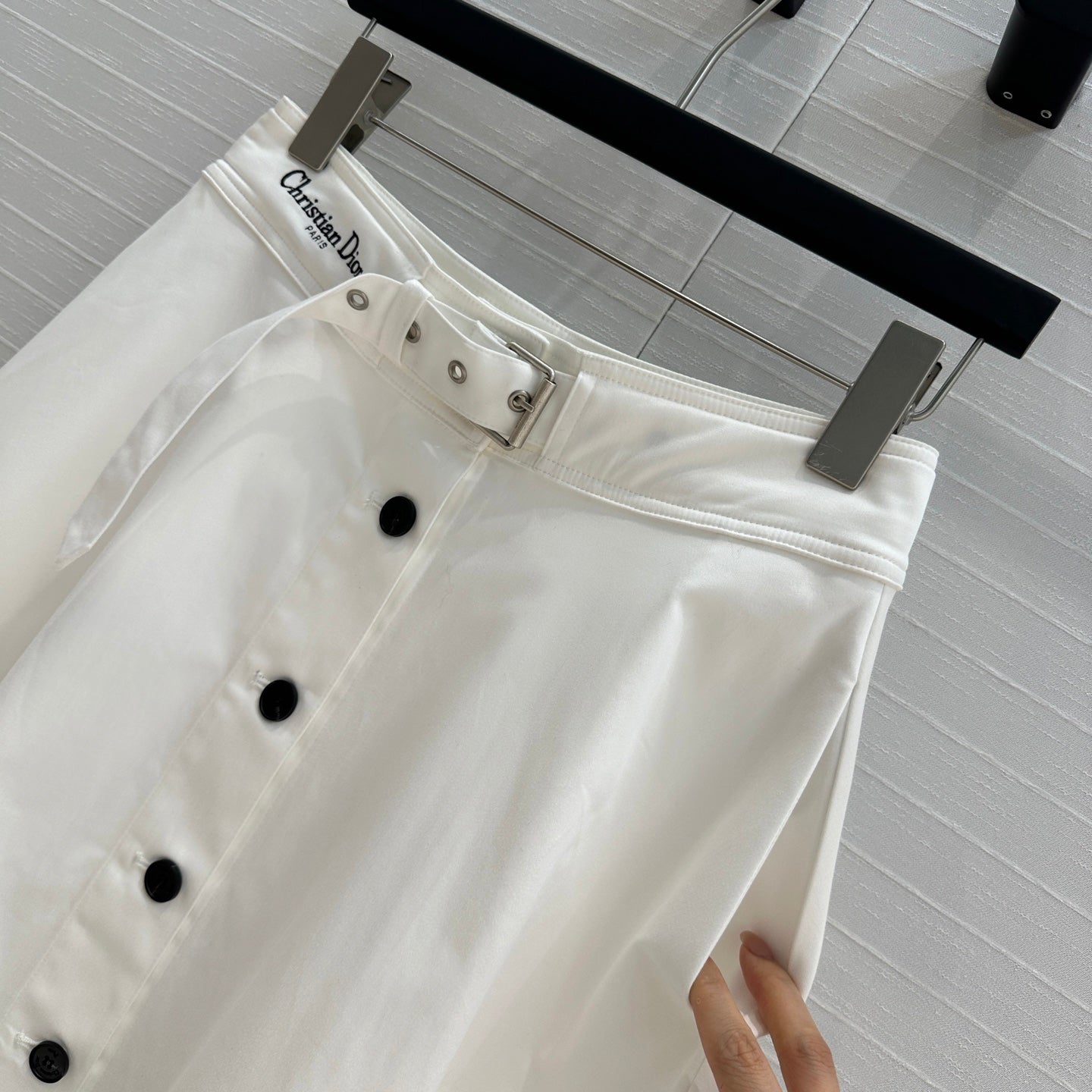 CD 25 Belted Single-breasted Long Skirt White Cotton