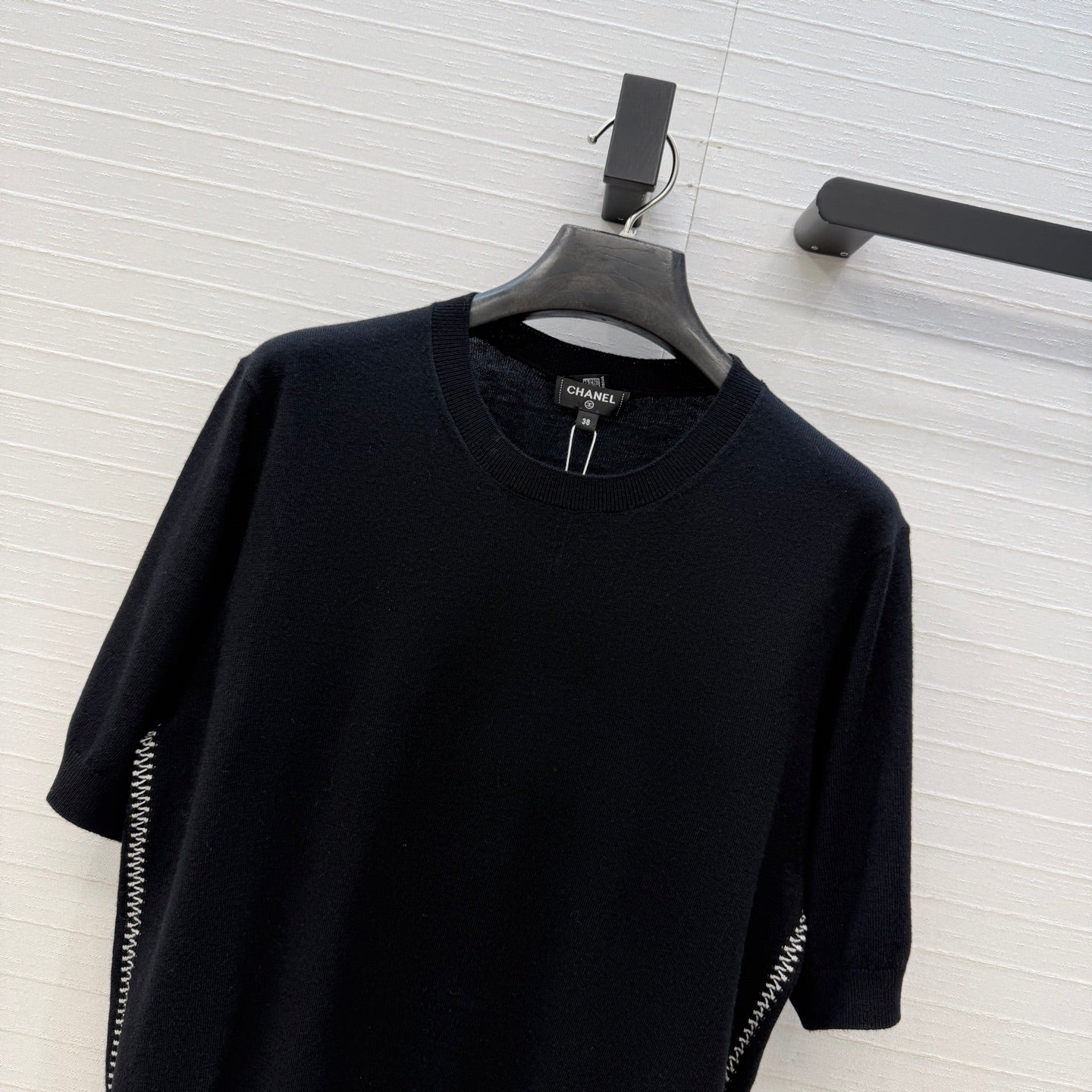 CC 26s Cross-Stitch Knit Short-Sleeved Top Black Cashmere 409391