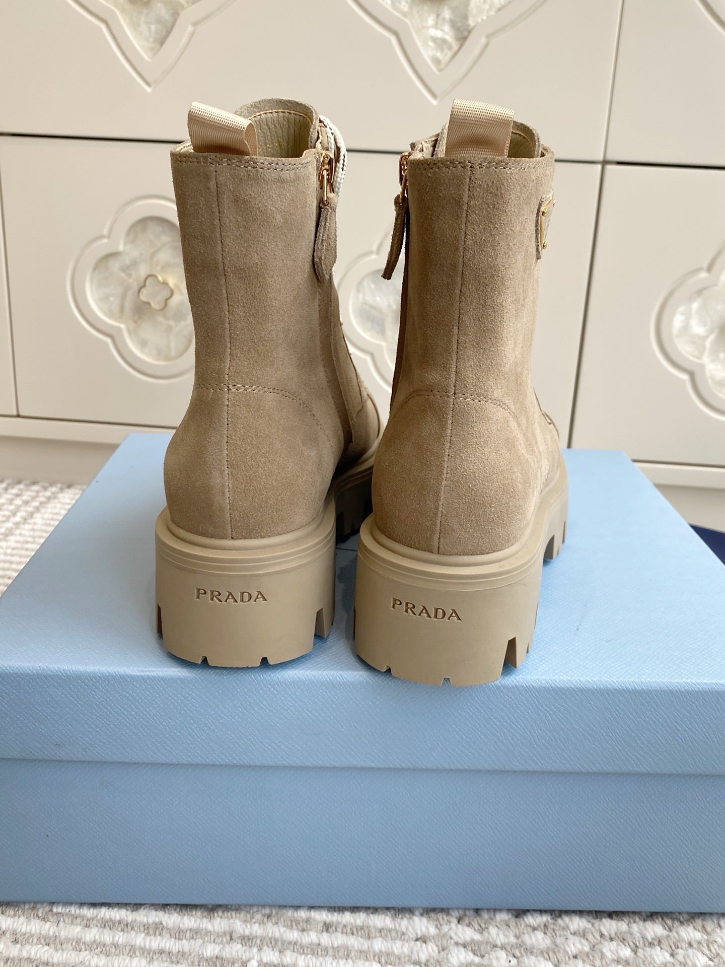 Prada 26s Combat Boots Full Khaki Suede 957393