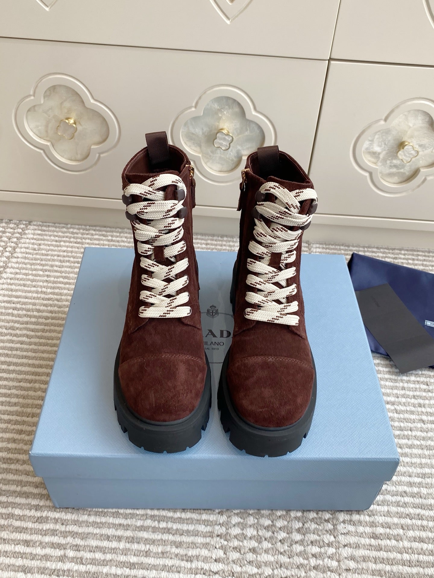 Prada 26s Combat Boots Full Chocolate Suede 957395
