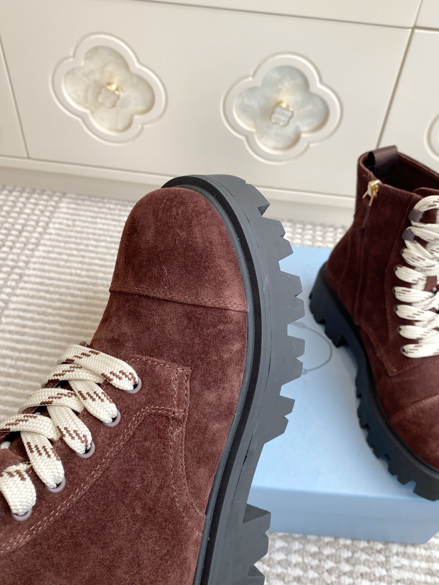 Prada 26s Combat Boots Full Chocolate Suede 957395