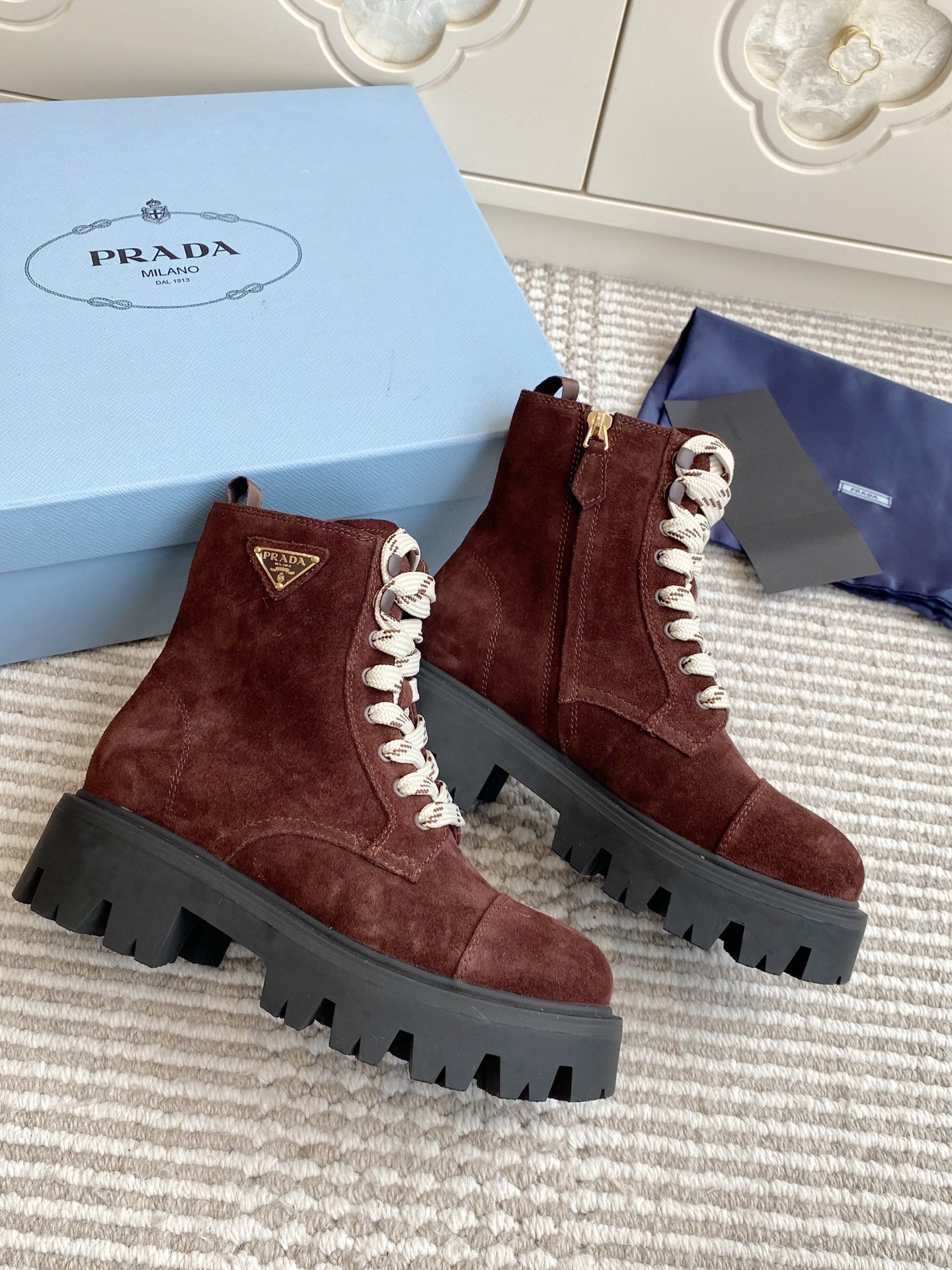 Prada 26s Combat Boots Full Chocolate Suede 957395