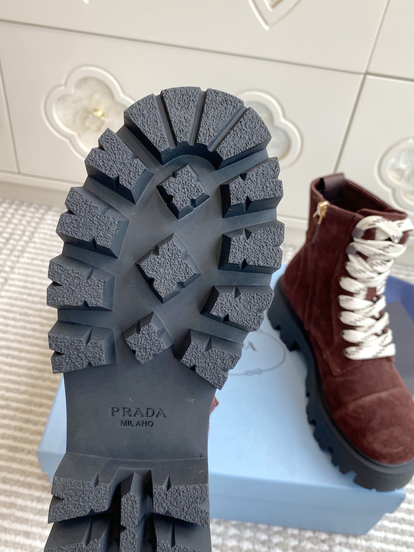 Prada 26s Combat Boots Full Chocolate Suede 957395