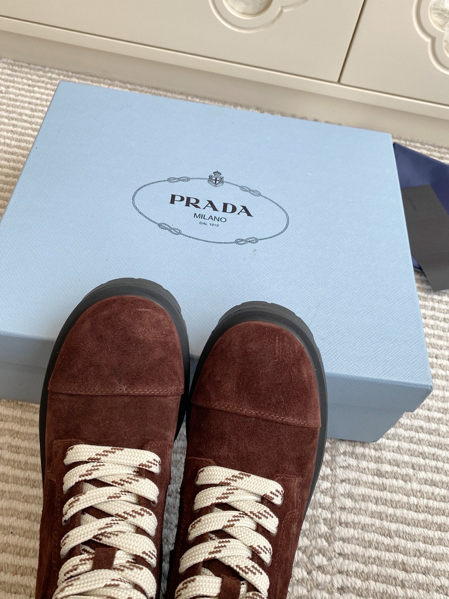 Prada 26s Combat Boots Full Chocolate Suede 957395