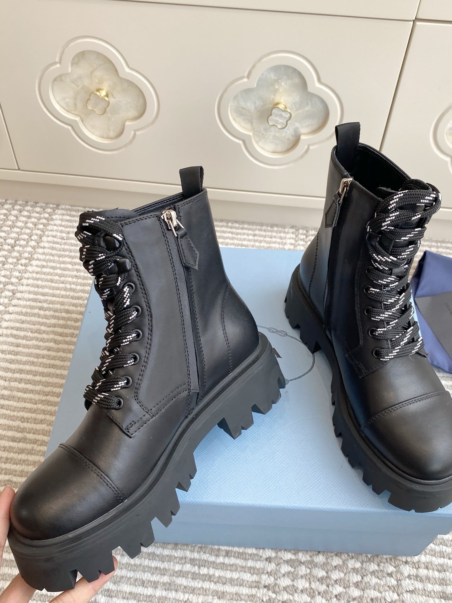 Prada 26s Combat Boots Coffee Leather 957397
