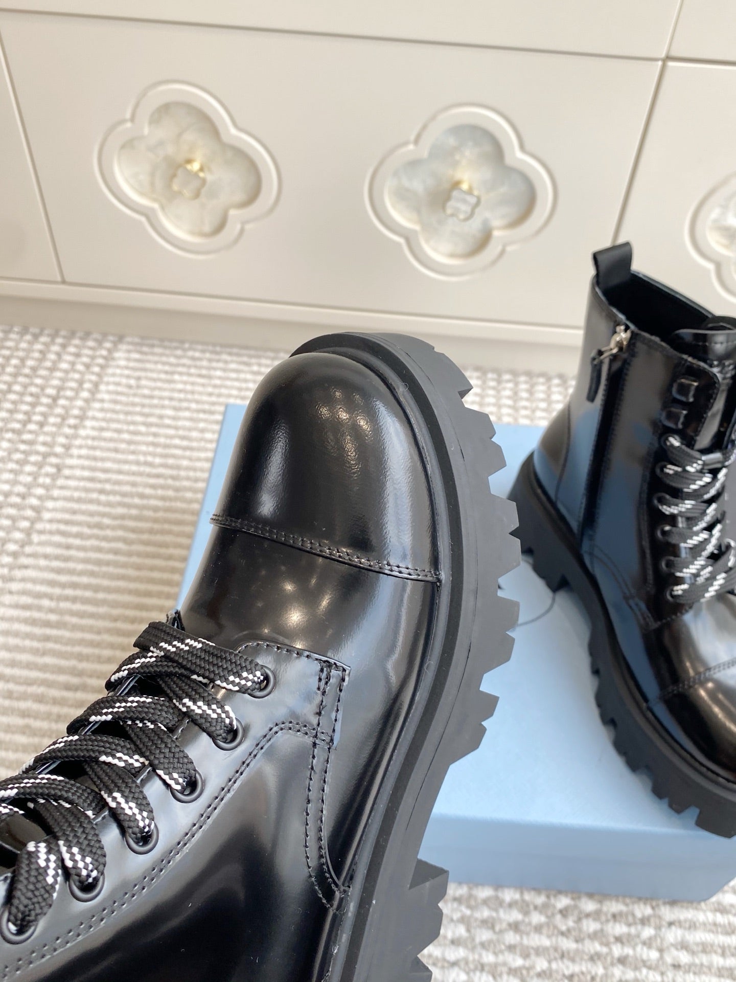 Prada 26s Combat Boots Black Plaque Leather 957398