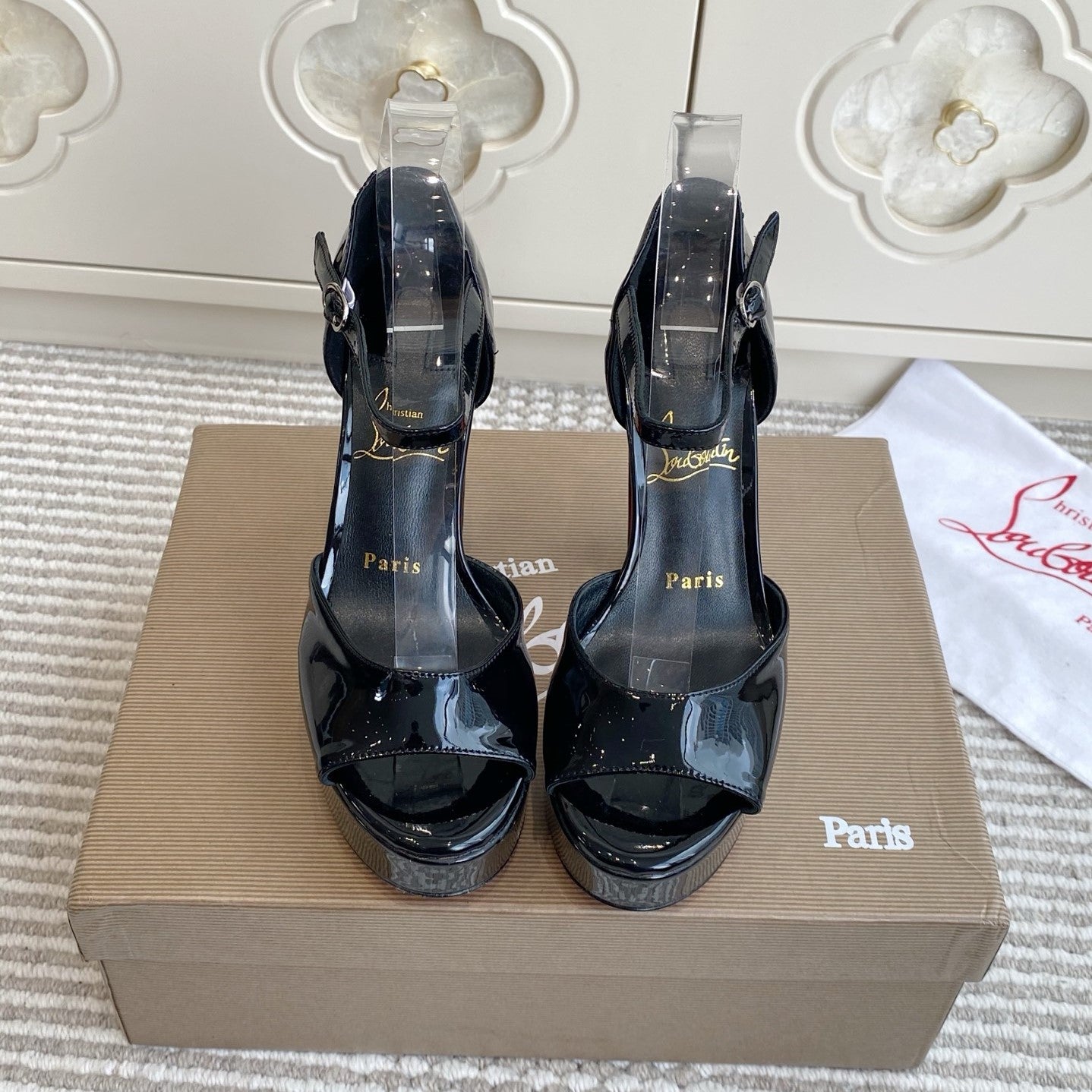 CL Sandaloo Ankle-Strap Platform Sandal Black Patent Leather 542786