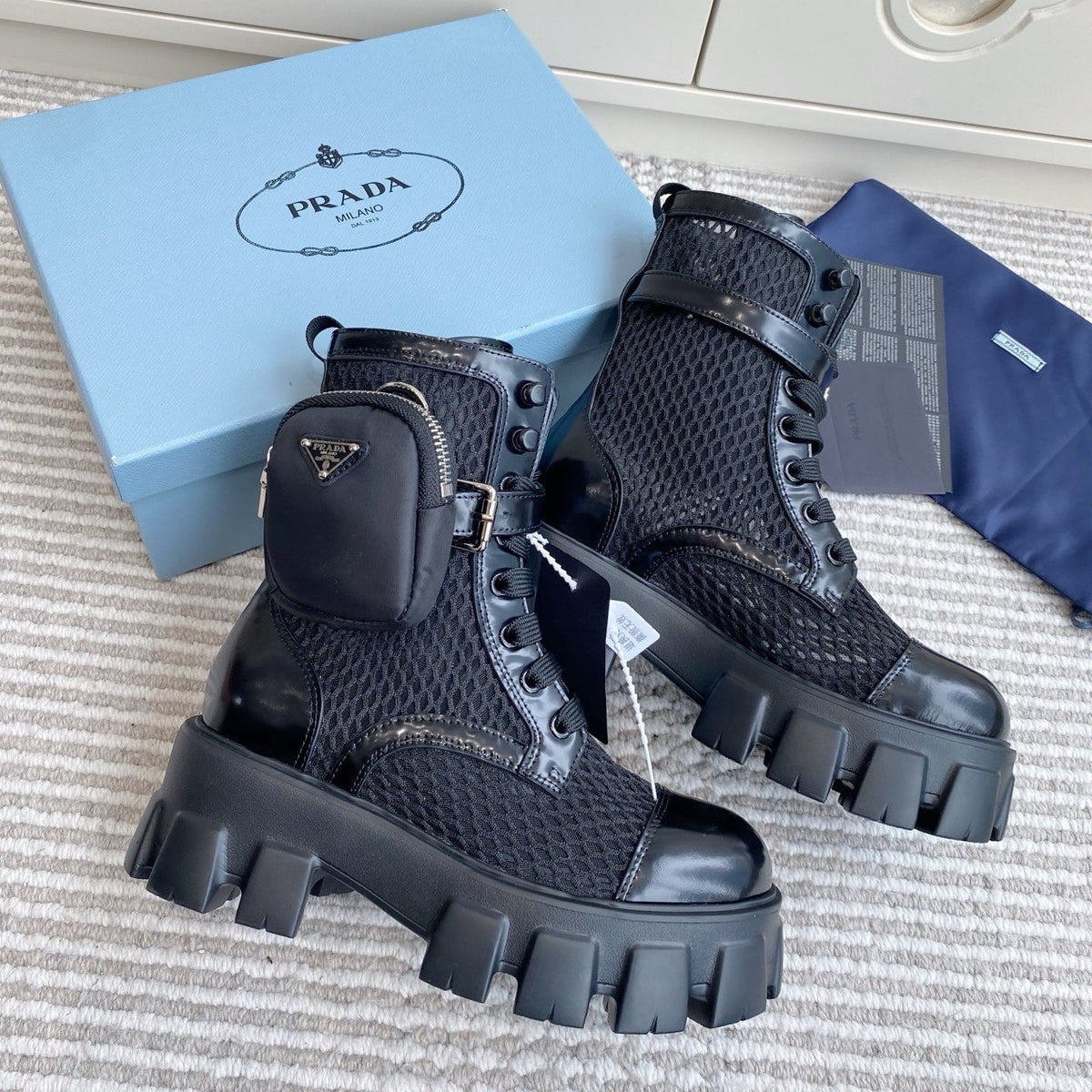 Prada 26s Combat Boots Black Mesh Leather 140366