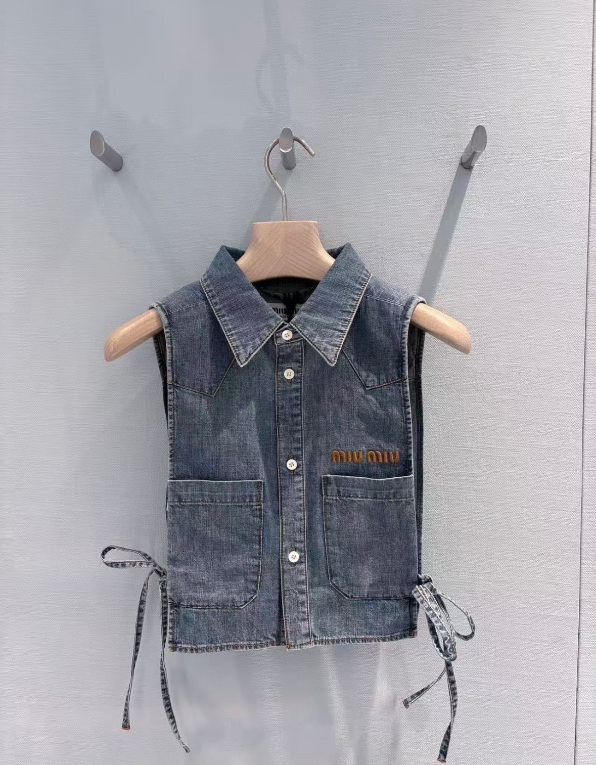 Miu Cropped Chambray Tie Shirt Sapphire Grey Denim