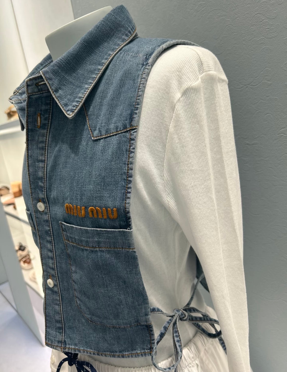 Miu Cropped Chambray Tie Shirt Sapphire Grey Denim
