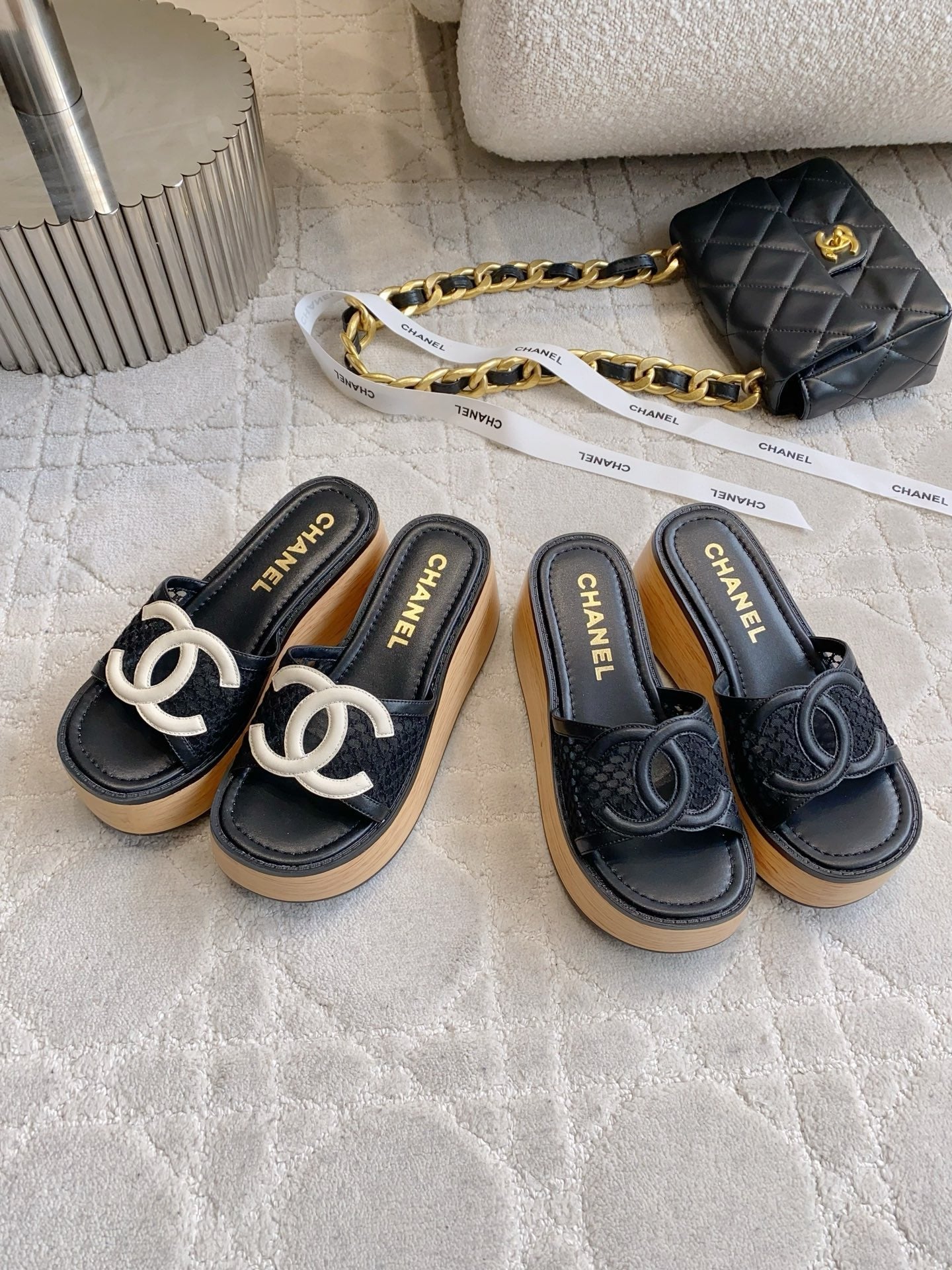 CC Logo Platform Sandals Black Lambskin 723734