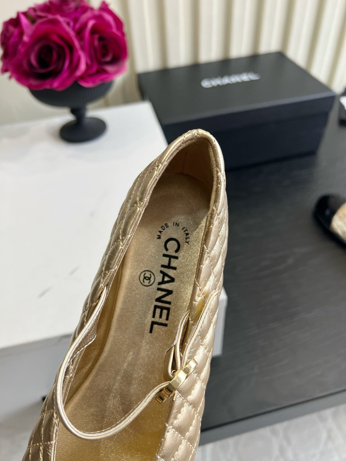 CC 26s Mary Jane Flats Gold/Black Quilted Lambskin 183488