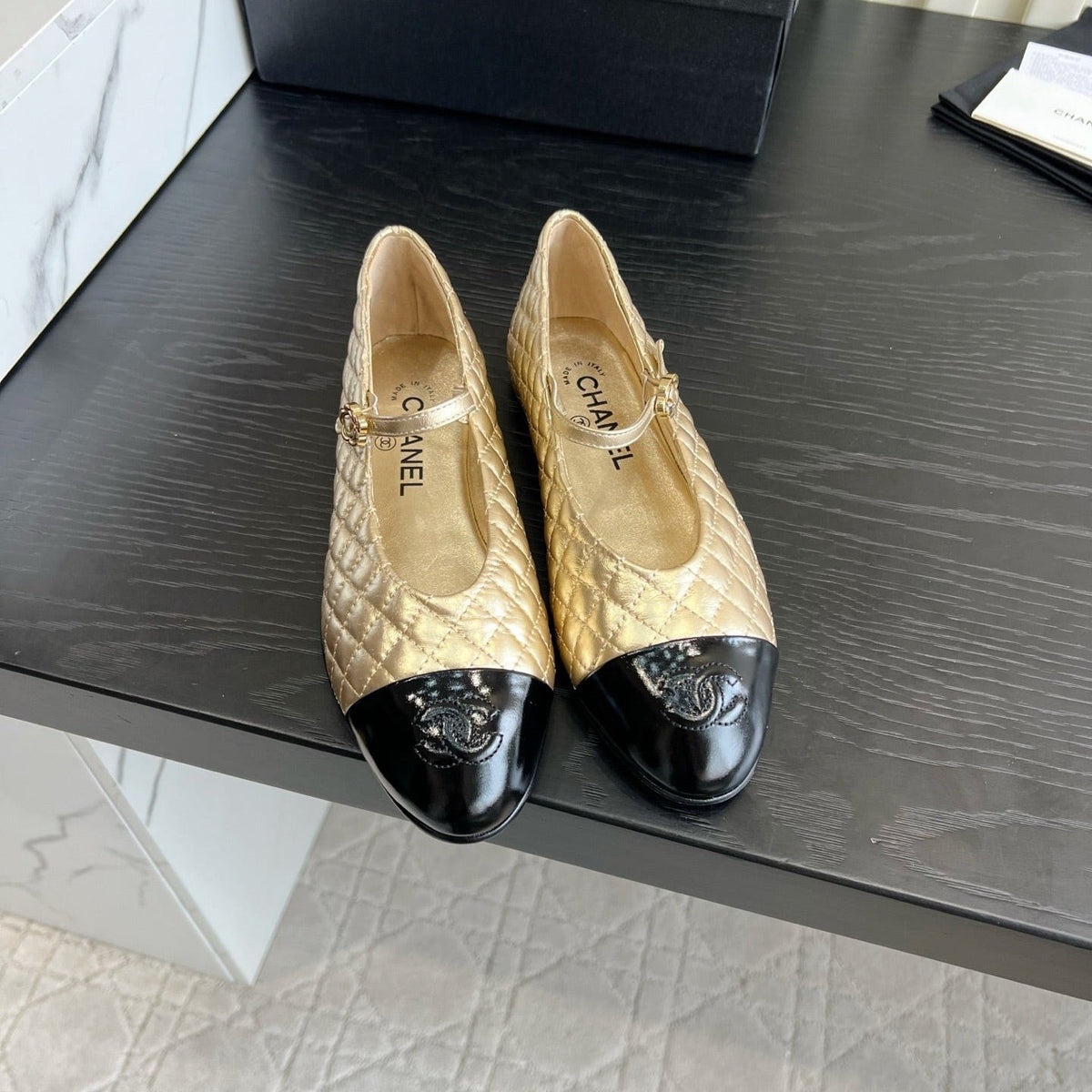 CC 26s Mary Jane Flats Gold/Black Quilted Lambskin 183488