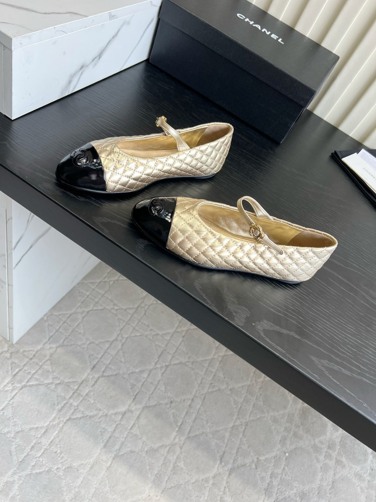 CC 26s Mary Jane Flats Gold/Black Quilted Lambskin 183488
