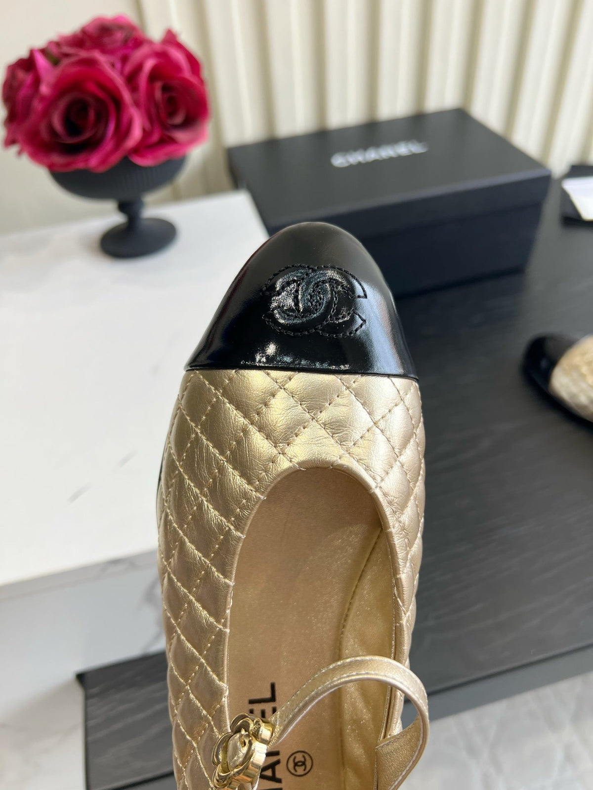 CC 26s Mary Jane Flats Gold/Black Quilted Lambskin 183488