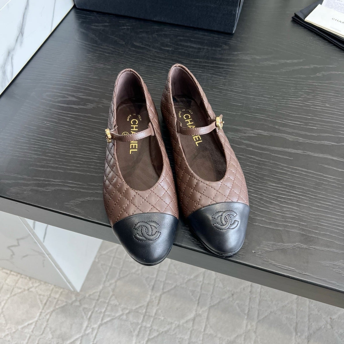 CC 26s Mary Jane Flats Brown/Black Quilted Lambskin 183486