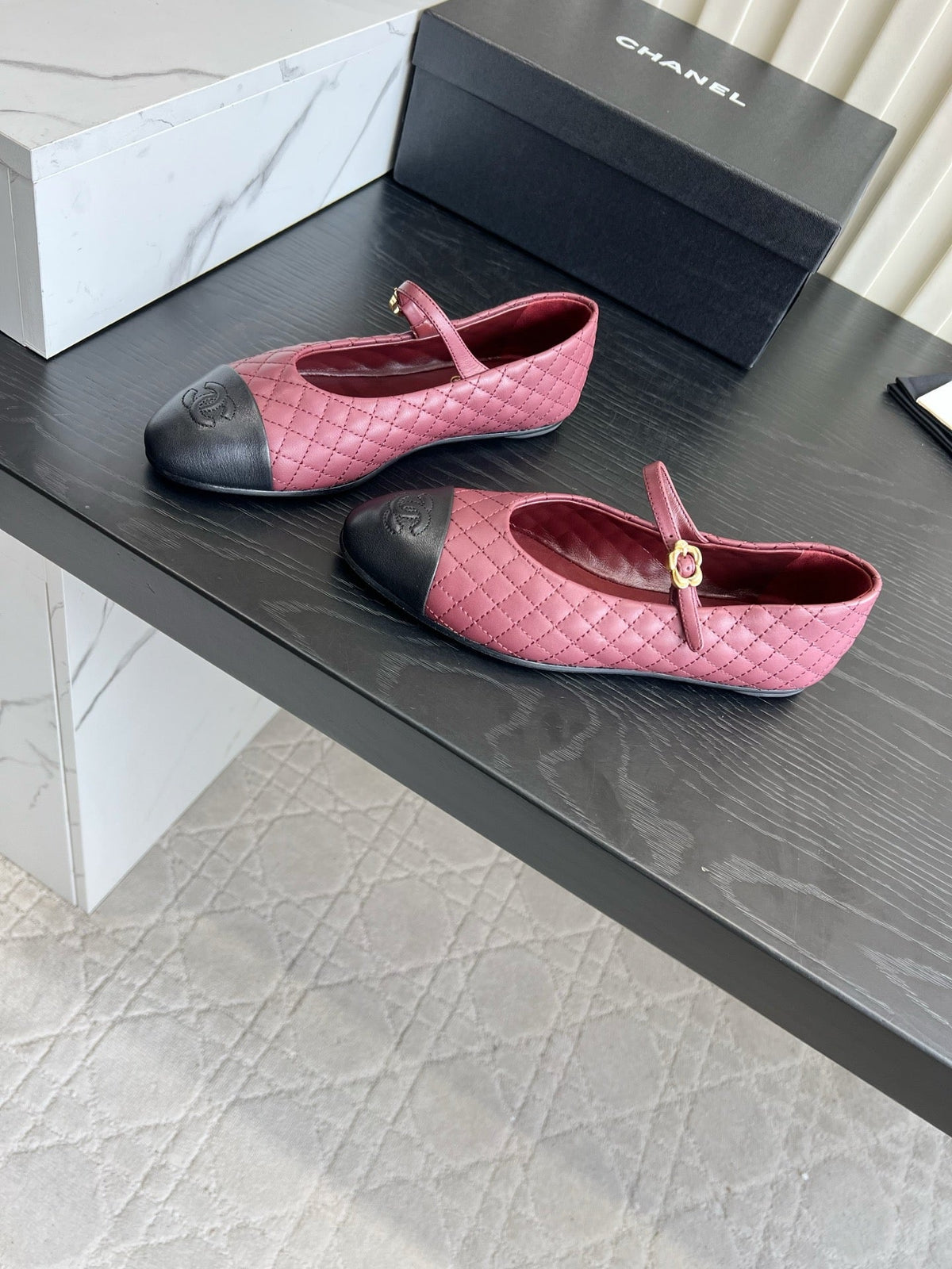 CC 26s Mary Jane Flats Burgundy/Black Quilted Lambskin 183487