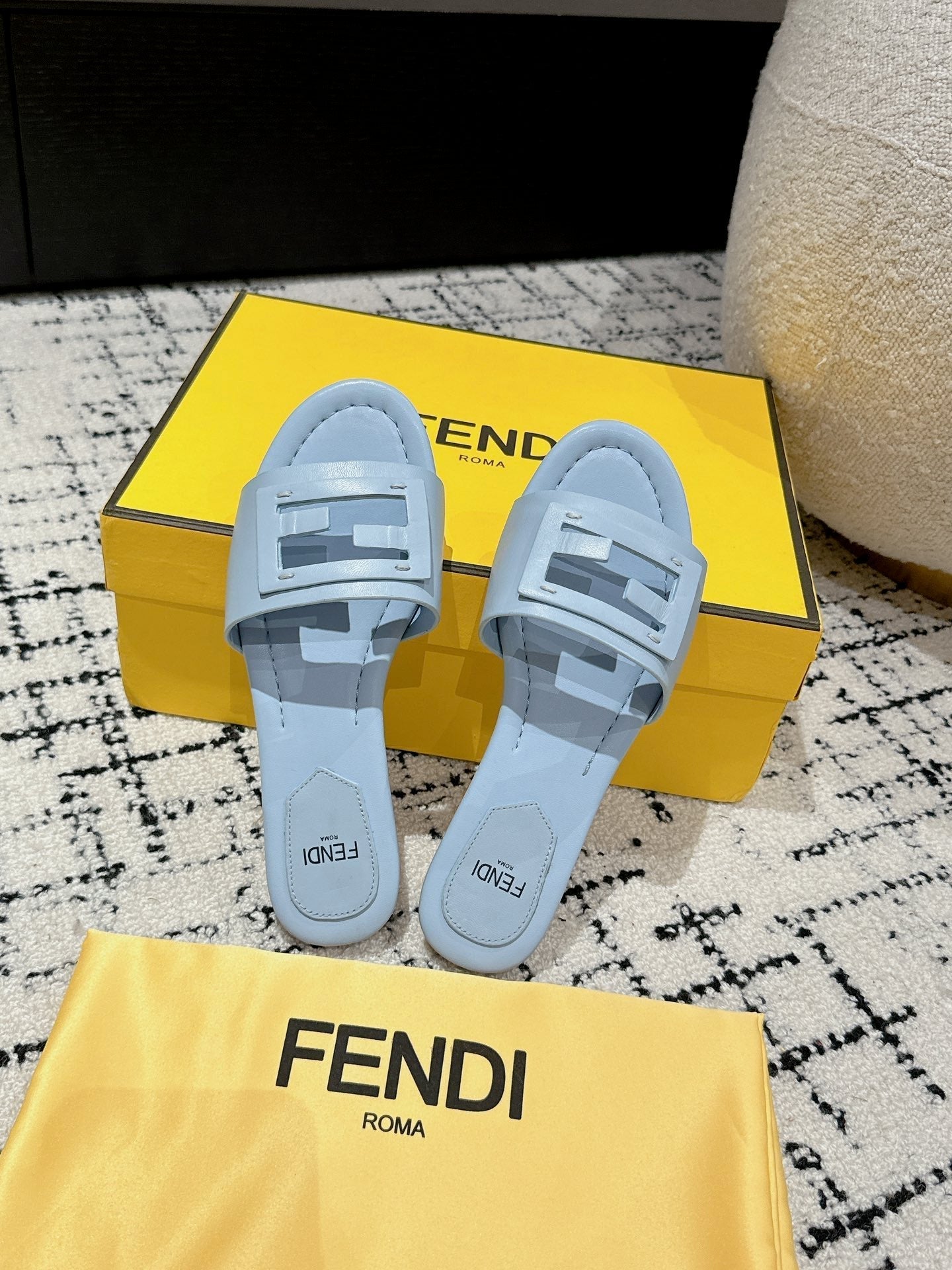 FF Baguette Baby Blue Leather Slide