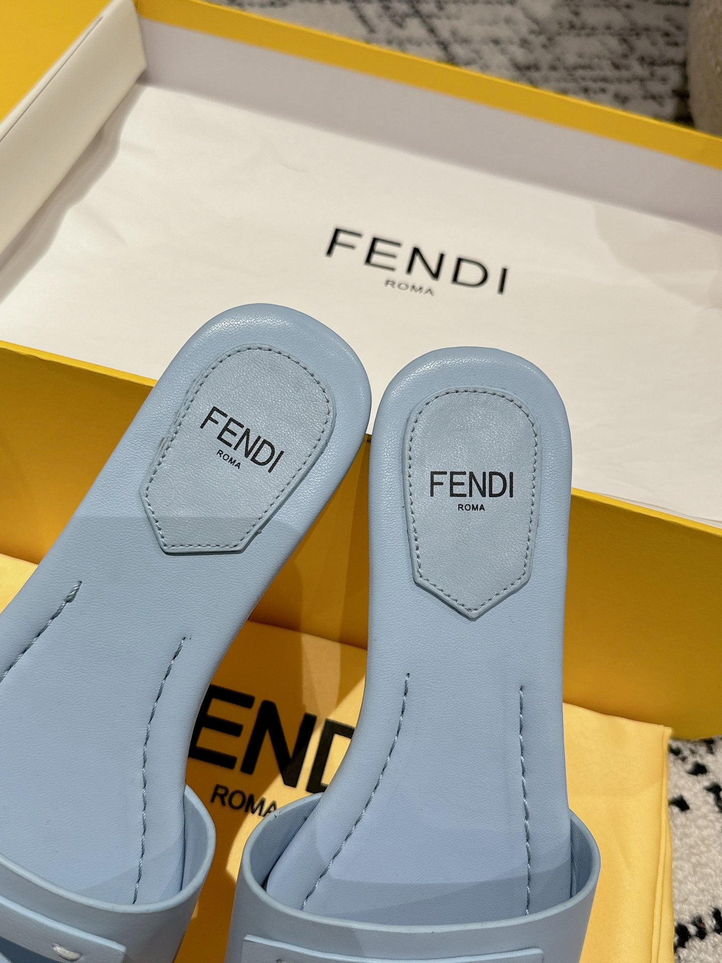 FF Baguette Baby Blue Leather Slide