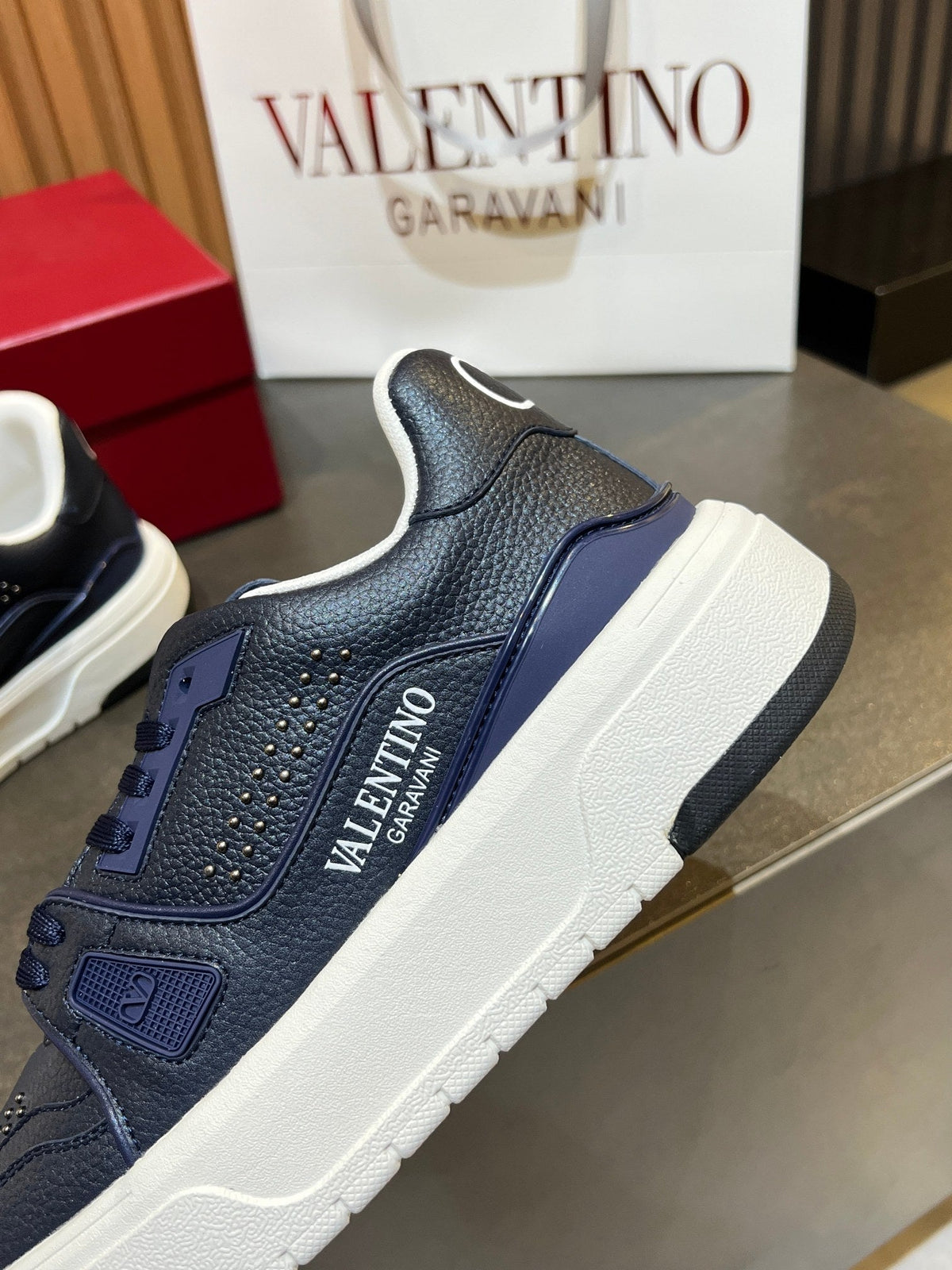 VT 26s Upvillage Trainers Navy Blue White Leather Studded 105517