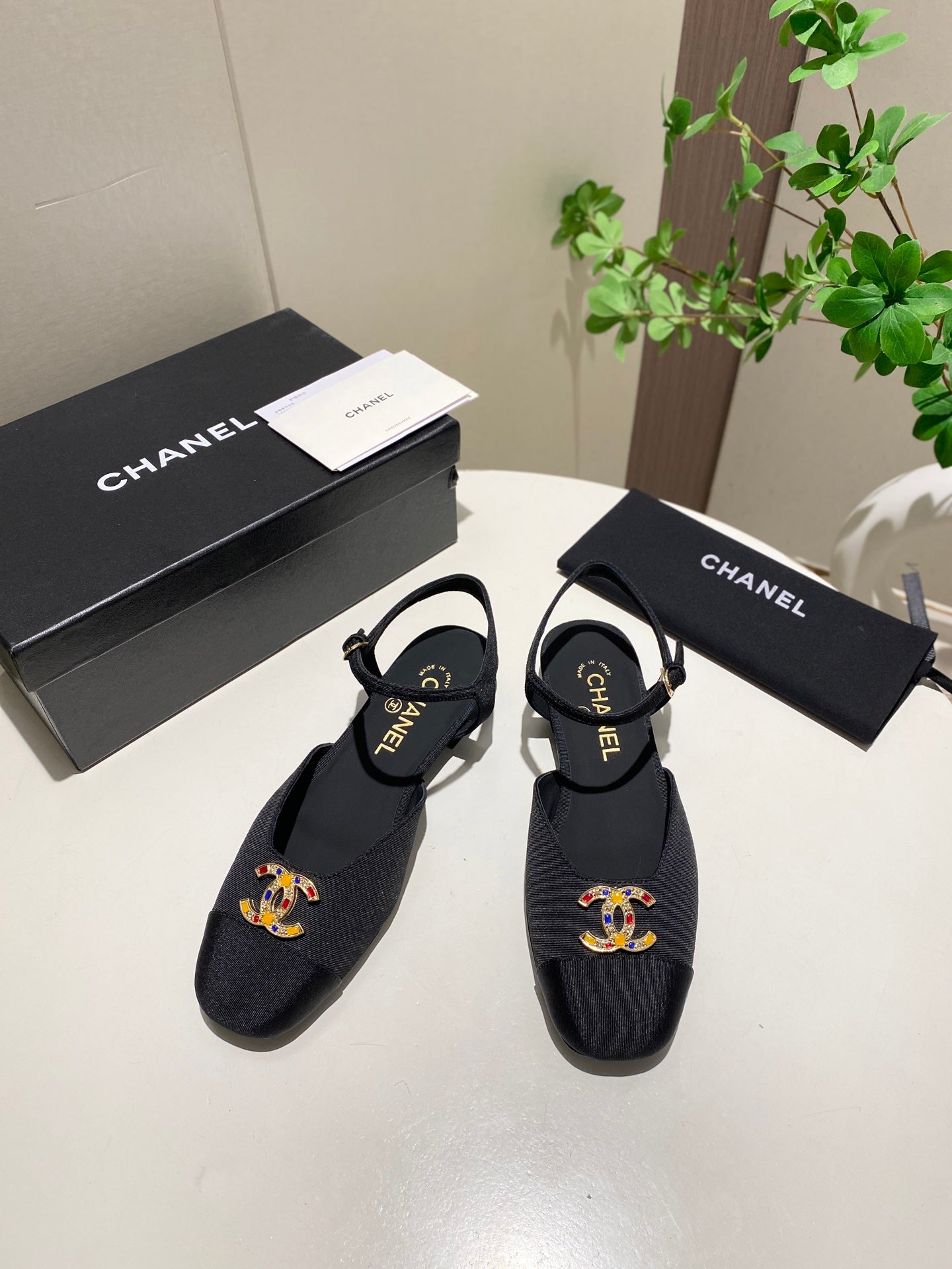 CC  25P Colorful Double Buckle Mary Jane Sandals Black Frabic 466988