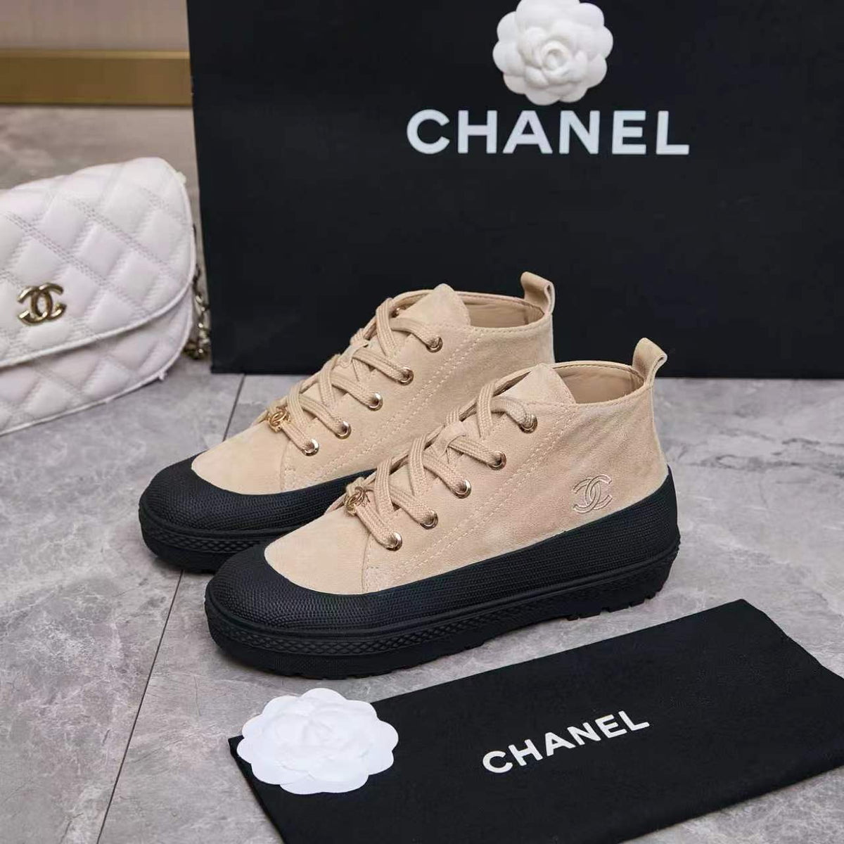 Chanel 26s Mid Sneakers Beige Suede 168232