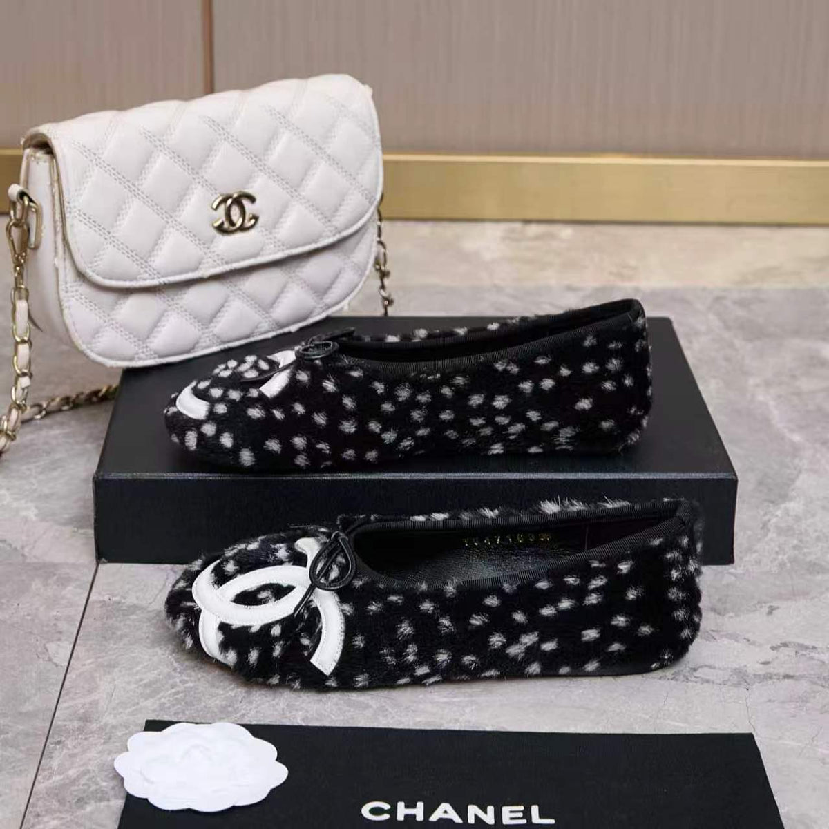 Chanel 26s Ballet Flats Black White Pony Hair 168234