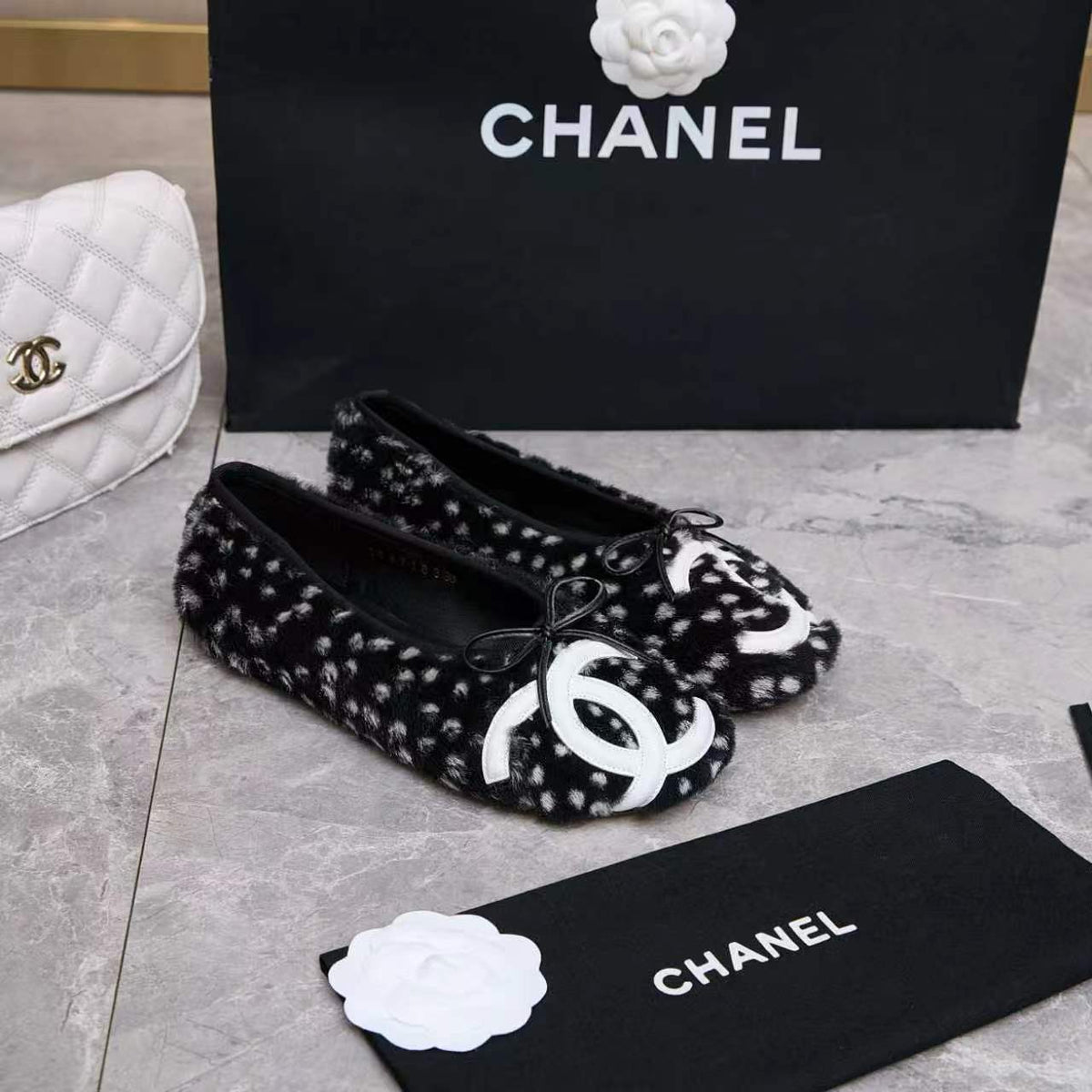Chanel 26s Ballet Flats Black White Pony Hair 168234