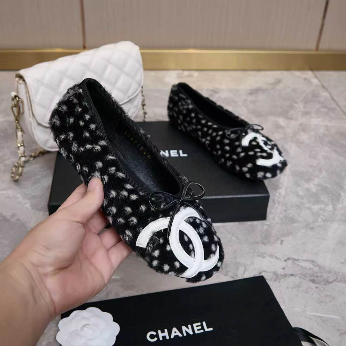 Chanel 26s Ballet Flats Black White Pony Hair 168234