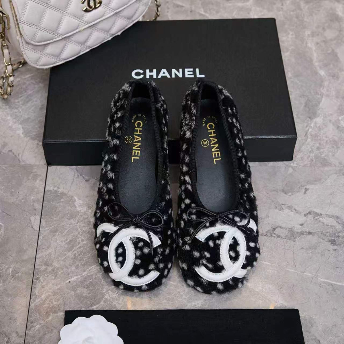 Chanel 26s Ballet Flats Black White Pony Hair 168234