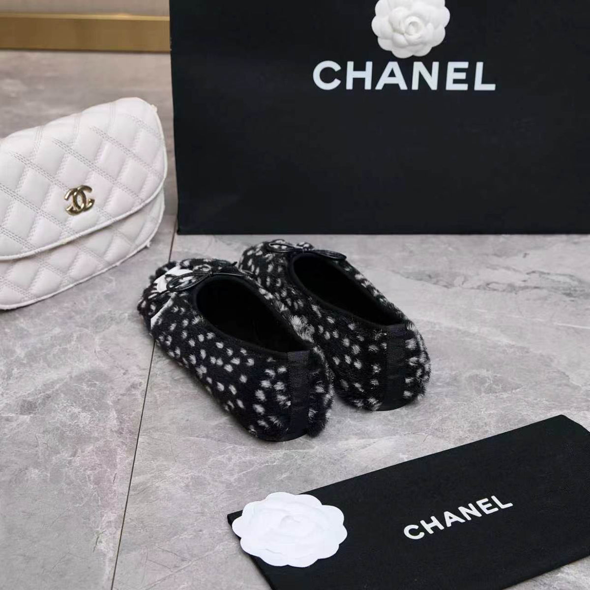 Chanel 26s Ballet Flats Black White Pony Hair 168234