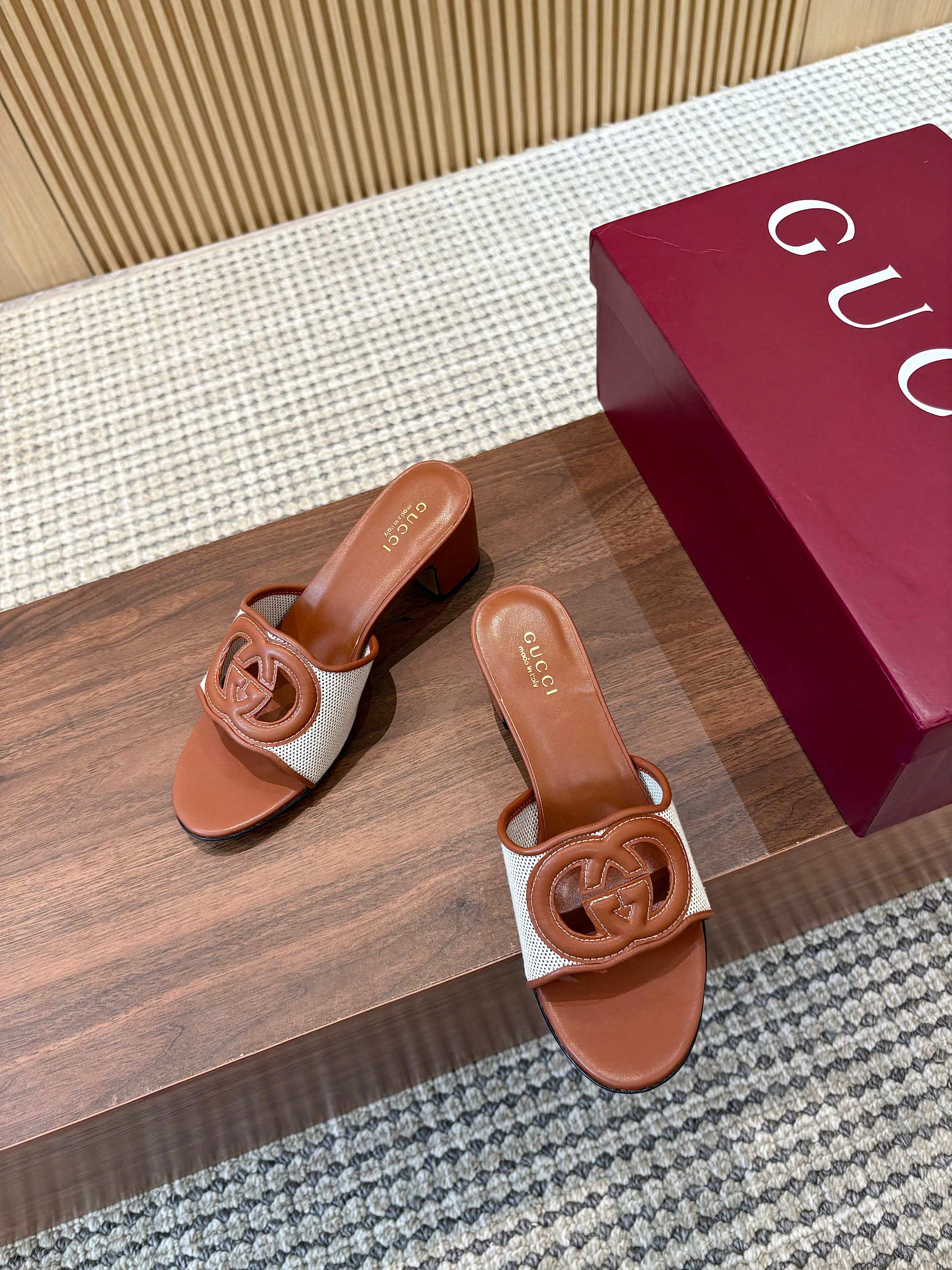 GG Interlocking G Cutout Sandals 5.5cm Brown Sheepskin Mesh 646494