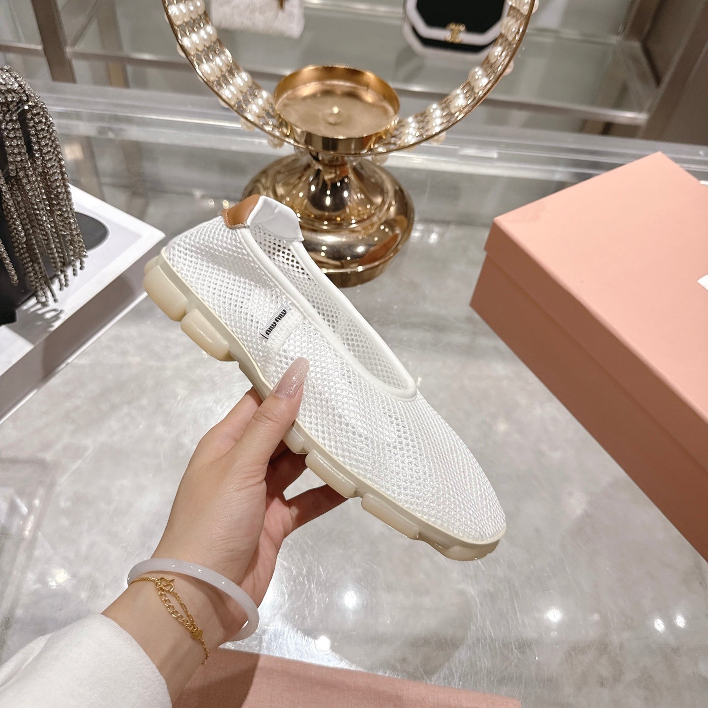 Miu Ballerinas White Light Brown Technical Mesh Leather 751305