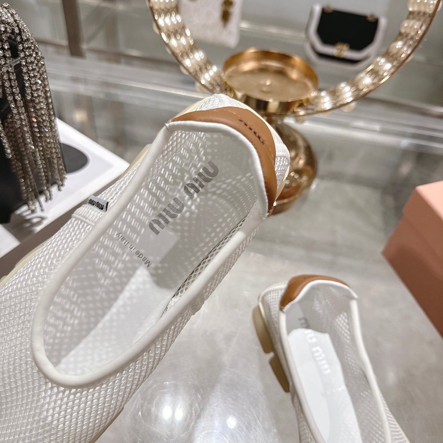 Miu Ballerinas White Light Brown Technical Mesh Leather 751305
