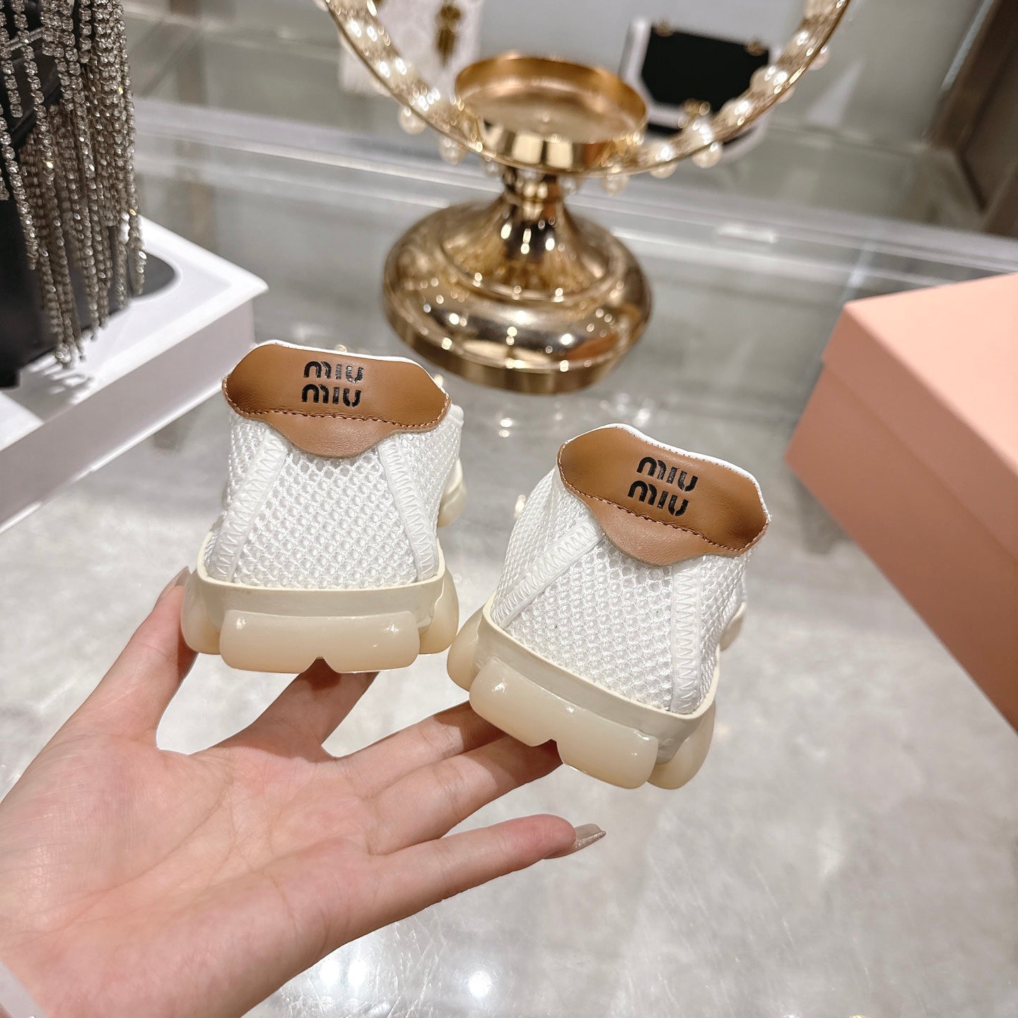 Miu Ballerinas White Light Brown Technical Mesh Leather 751305