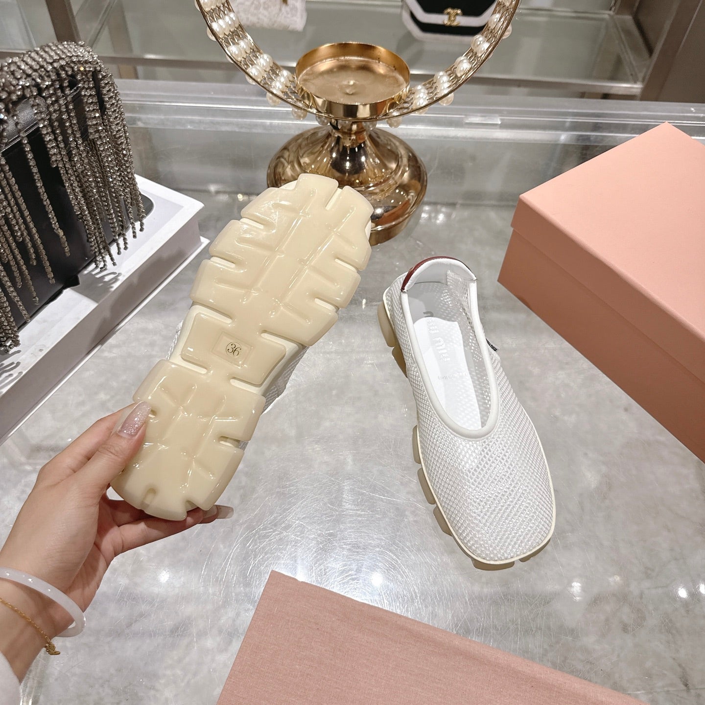 Miu Ballerinas White Brown Technical Mesh Leather 751307